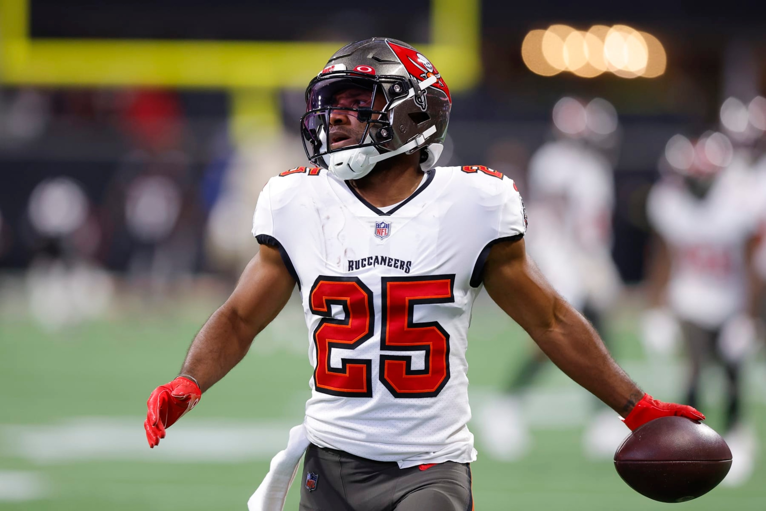 ATLANTA, GA - JANUARY 08: Giovani Bernard #25 of the Tampa Bay Buccaneers warms up prior to the game against the Atlanta Falcons at Mercedes-Benz Stadium on January 8, 2023 in Atlanta, Georgia. (Photo by Todd Kirkland/Getty Images)