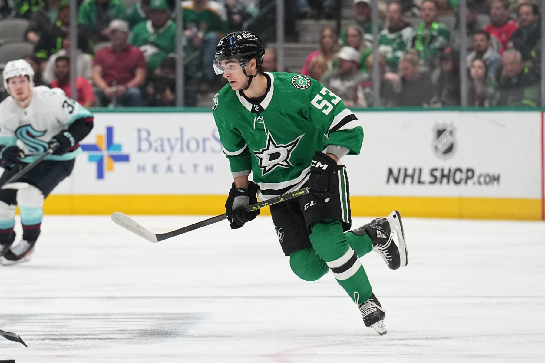 DALLAS, TX - MARCH 21: Wyatt Johnston #53 of the Dallas Stars skates against the Seattle Kraken at the American Airlines Center on March 21, 2023 in Dallas, Texas. (Photo by Glenn James/NHLI via Getty Images)