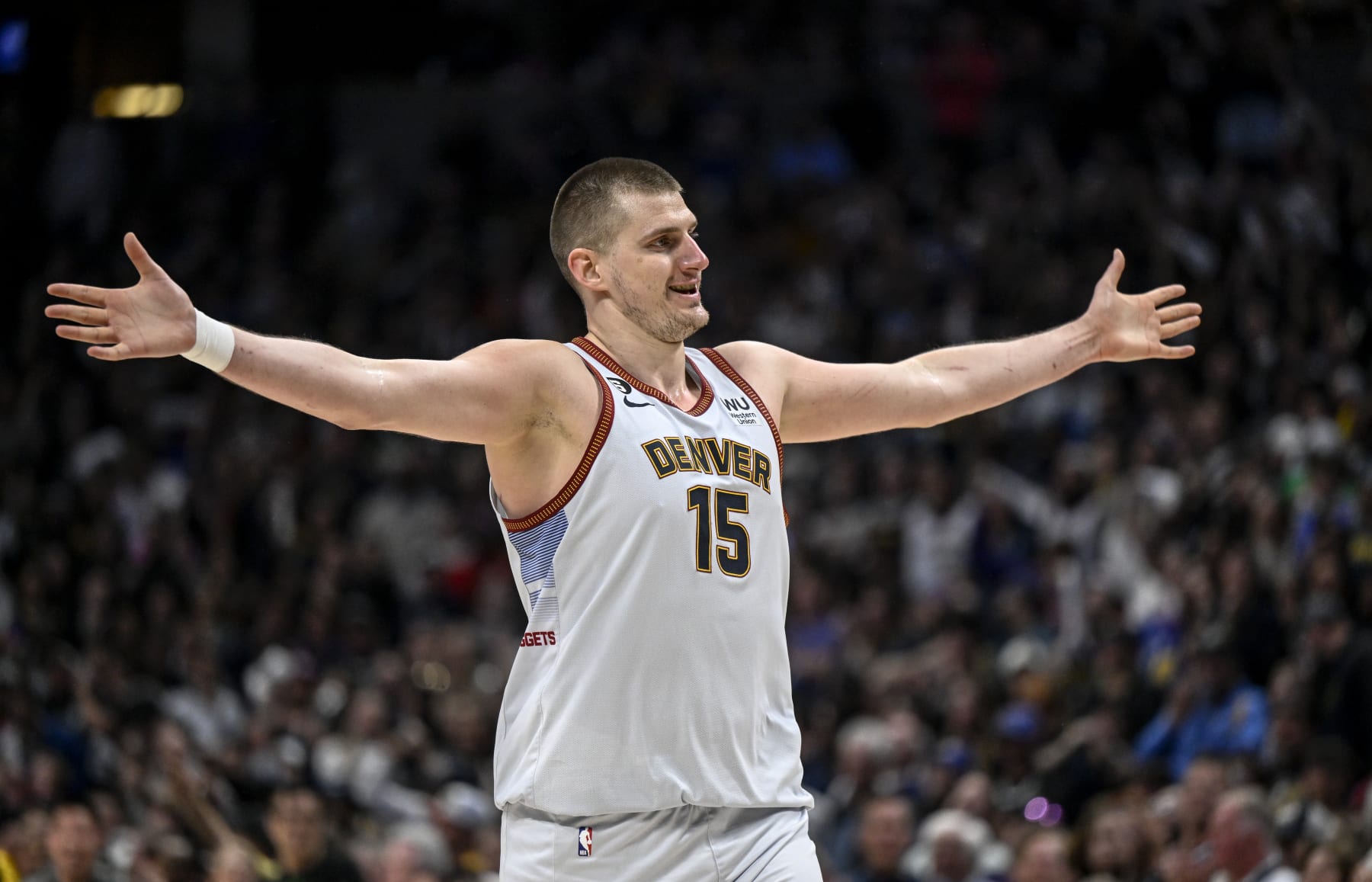 DENVER, CO - APRIL 25: Nikola Jokic (15) of the Denver Nuggets spreads his arms to made referee Scott Foster (48) and the rest of the crew aware that he did not feel he was being officiated the same as his Minnesota Timberwolves counterparts during the fourth quarter of Denvers 112-109 win at Ball Arena in Denver on Tuesday, April 25, 2023. Denver clinched the best-of-seven series 4-1. (Photo by AAron Ontiveroz/MediaNews Group/The Denver Post via Getty Images)