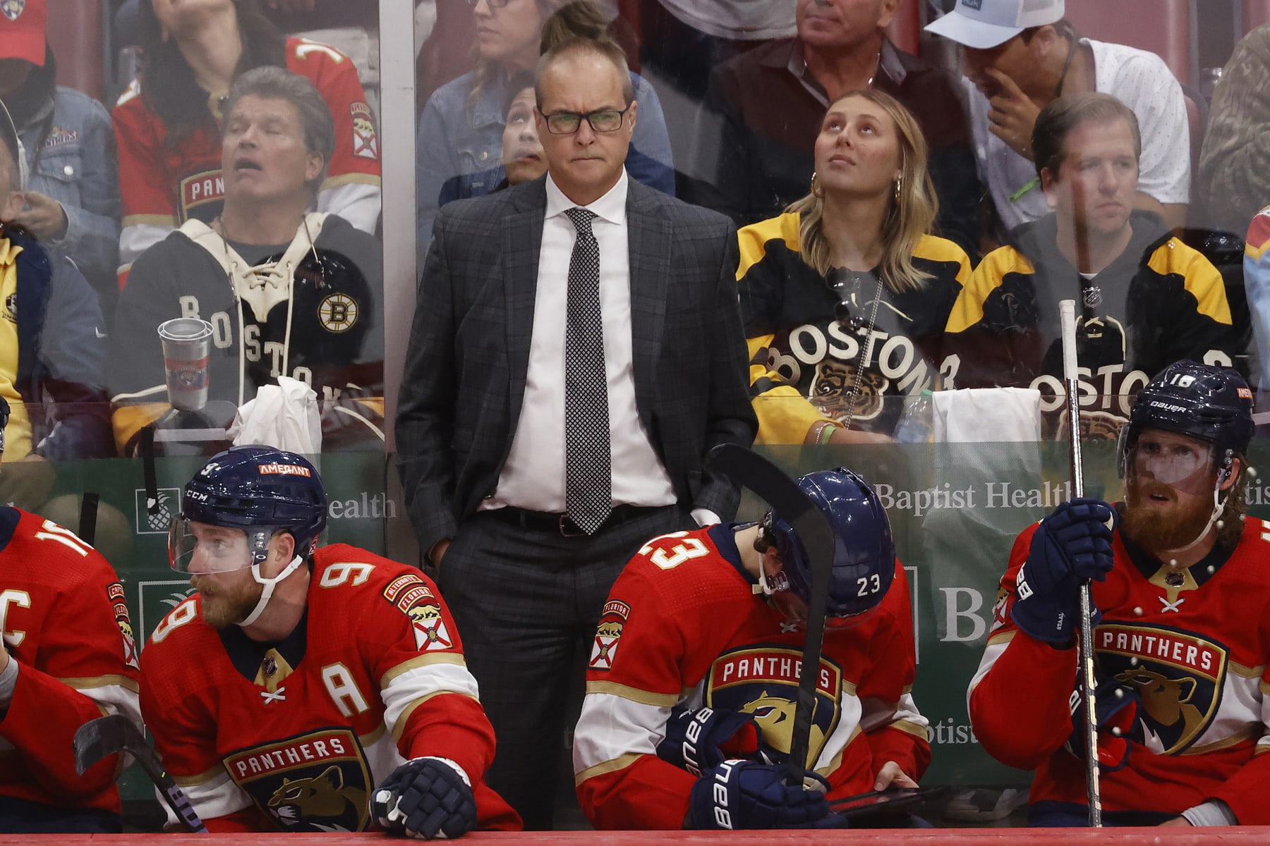 SUNRISE, FL - APRIL 23: Head coach Paul Maurice of the Florida Panthers "looks on during third period action against the Boston Bruins in Game Four of the First Round of the 2023 Stanley Cup Playoffs at the FLA Live Arena on April 23, 2023 in Sunrise, Florida. (Photo by Joel Auerbach/Getty Images)