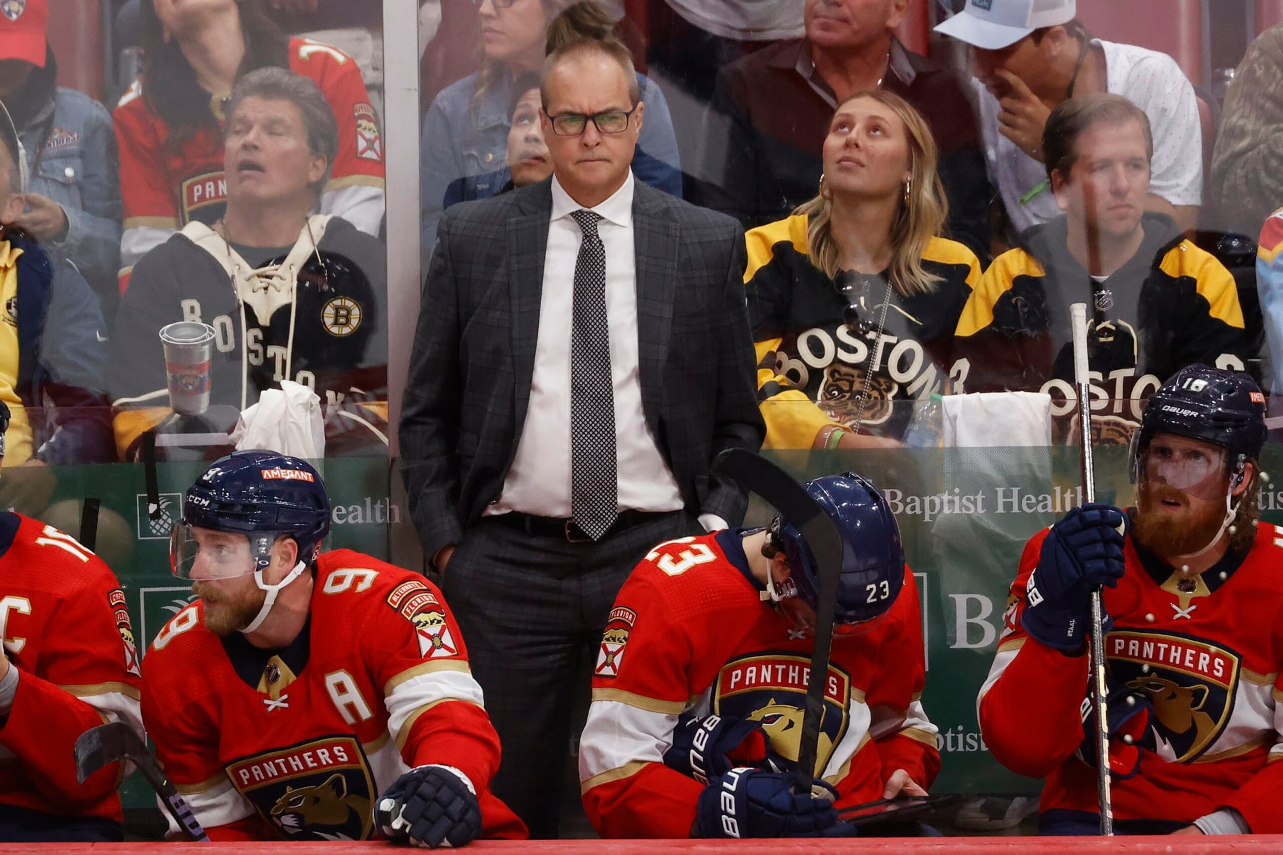 SUNRISE, FL - APRIL 23: Head coach Paul Maurice of the Florida Panthers "looks on during third period action against the Boston Bruins in Game Four of the First Round of the 2023 Stanley Cup Playoffs at the FLA Live Arena on April 23, 2023 in Sunrise, Florida. (Photo by Joel Auerbach/Getty Images)