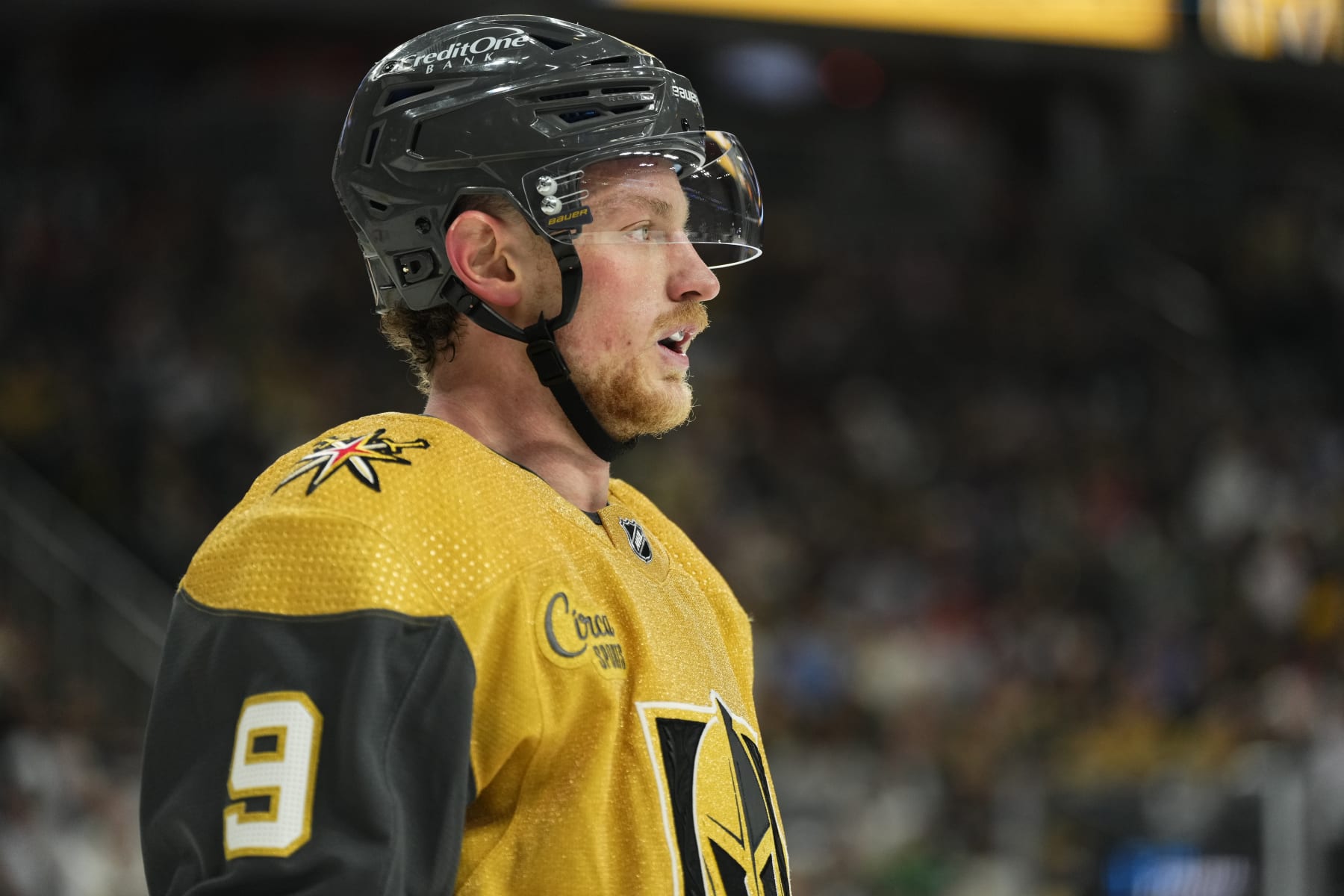 LAS VEGAS, NEVADA - APRIL 27: Jack Eichel #9 of the Vegas Golden Knights skates during the first period against the Winnipeg Jets in Game Five of the First Round of the 2023 Stanley Cup Playoffs at T-Mobile Arena on April 27, 2023 in Las Vegas, Nevada. (Photo by Jeff Bottari/NHLI via Getty Images)