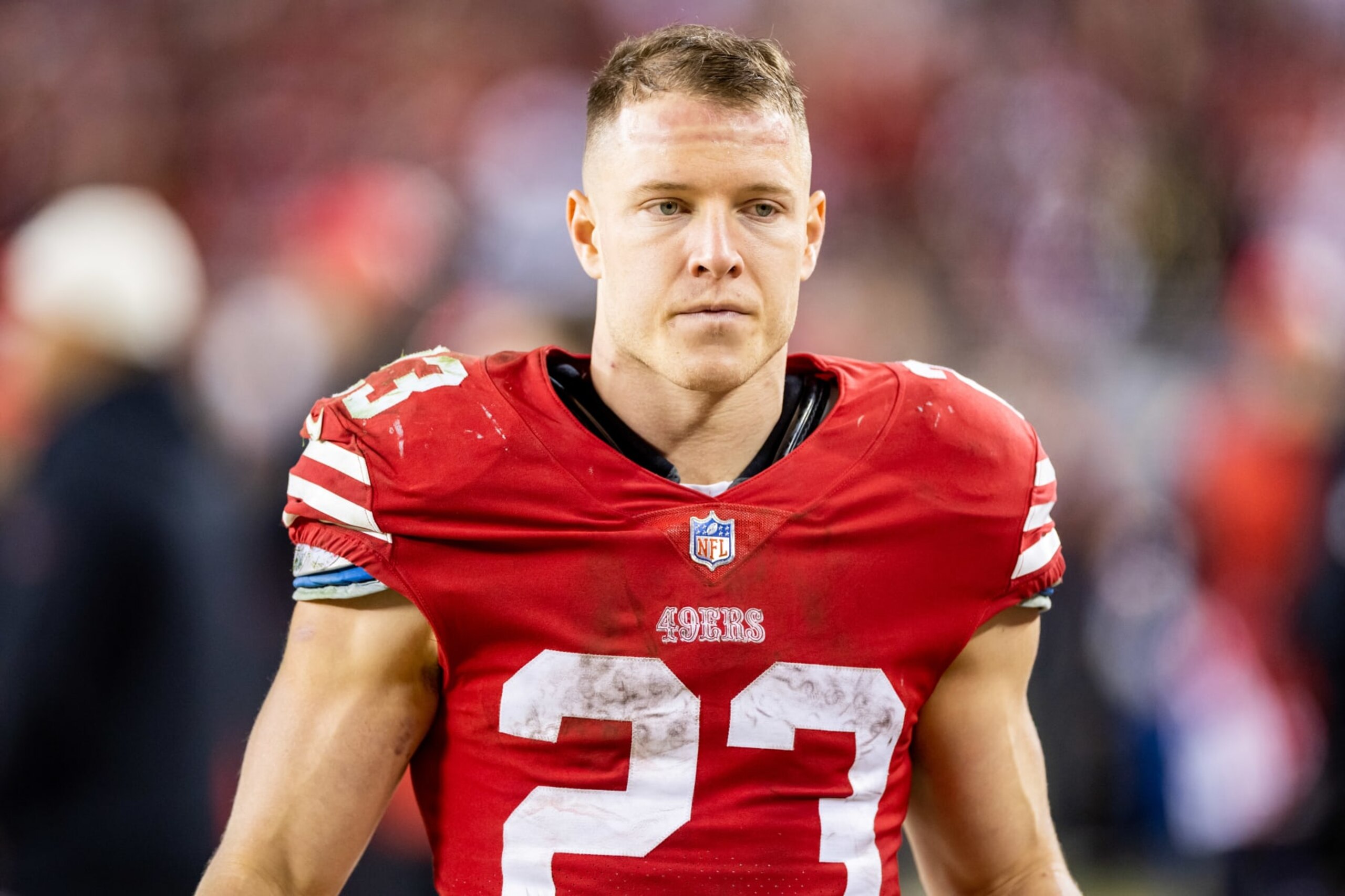 SANTA CLARA, CA - JANUARY 22: San Francisco 49ers running back Christian McCaffrey (23) paces the sidelines during the NFL NFC Divisional Playoff game between the Dallas Cowboys and San Francisco 49ers at Levis Stadium in Santa Clara, CA. (Photo by Bob Kupbens/Icon Sportswire via Getty Images)
