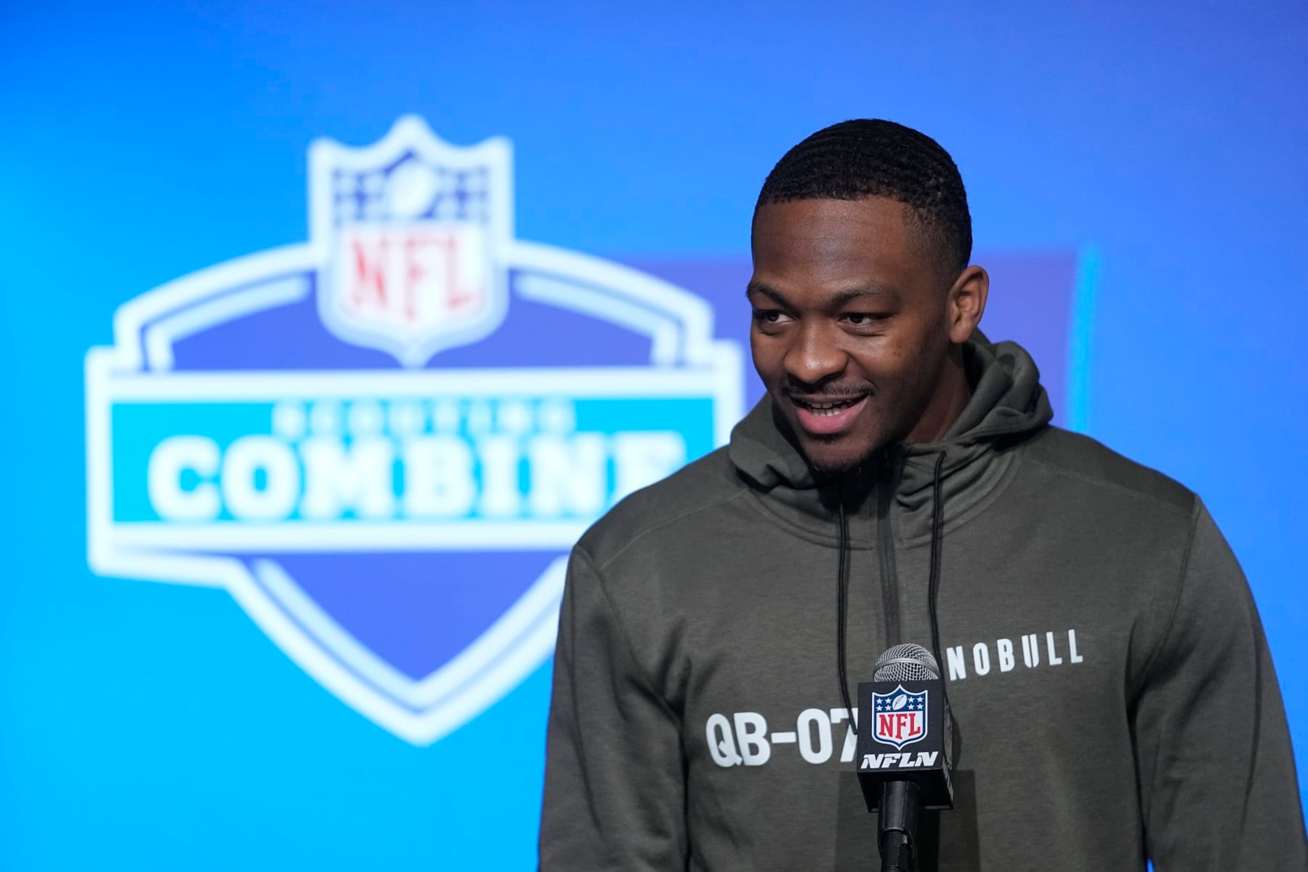 Tennessee quarterback Hendon Hooker speaks during a news conference at the NFL football scouting combine in Indianapolis, Friday, March 3, 2023. (AP Photo/Darron Cummings)