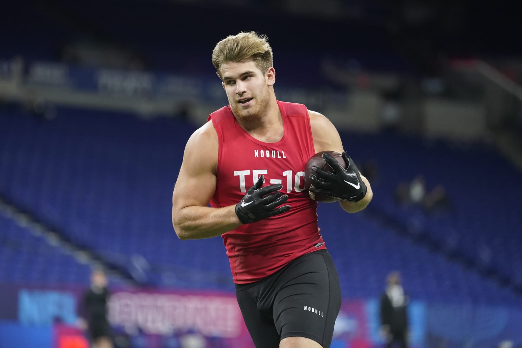 Notre Dame tight end Michael Mayer runs a drill at the NFL football scouting combine in Indianapolis, Saturday, March 4, 2023. (AP Photo/Michael Conroy)