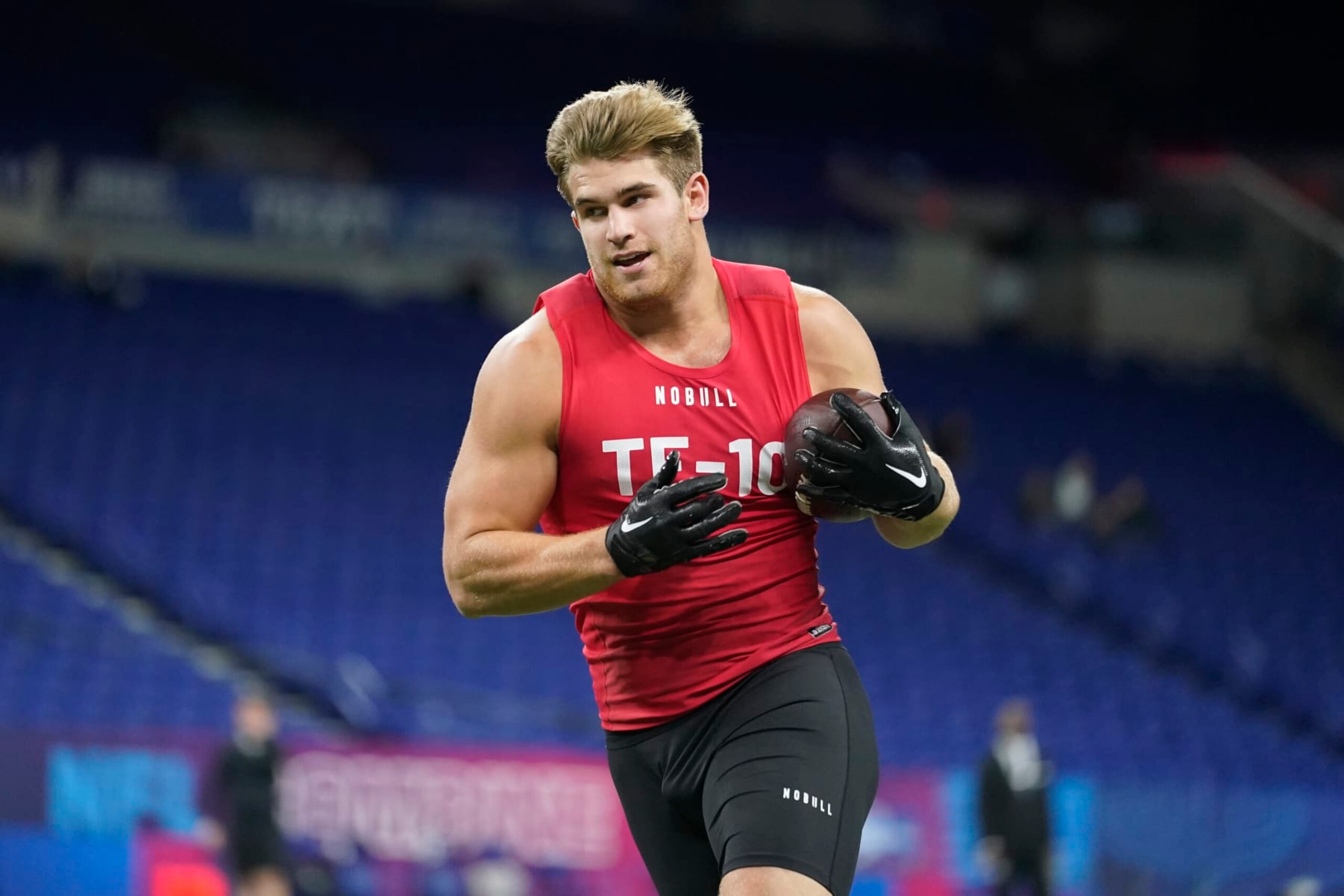 Notre Dame tight end Michael Mayer runs a drill at the NFL football scouting combine in Indianapolis, Saturday, March 4, 2023. (AP Photo/Michael Conroy)
