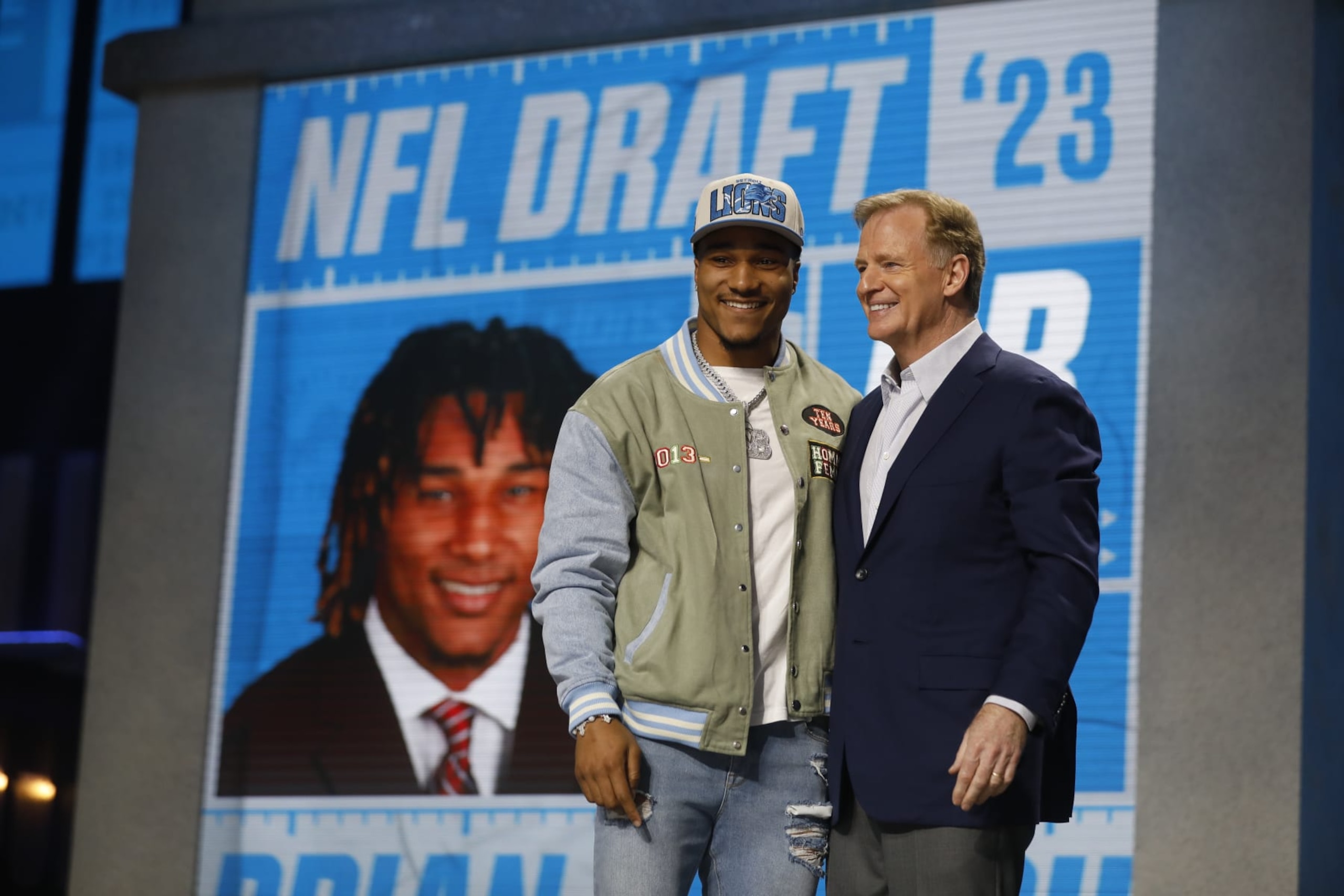 NFL Commissioner Roger Goodell and new Lions safety Brian Branch NFL Commissioner Roger Goodell and new Lions safety Brian Branch