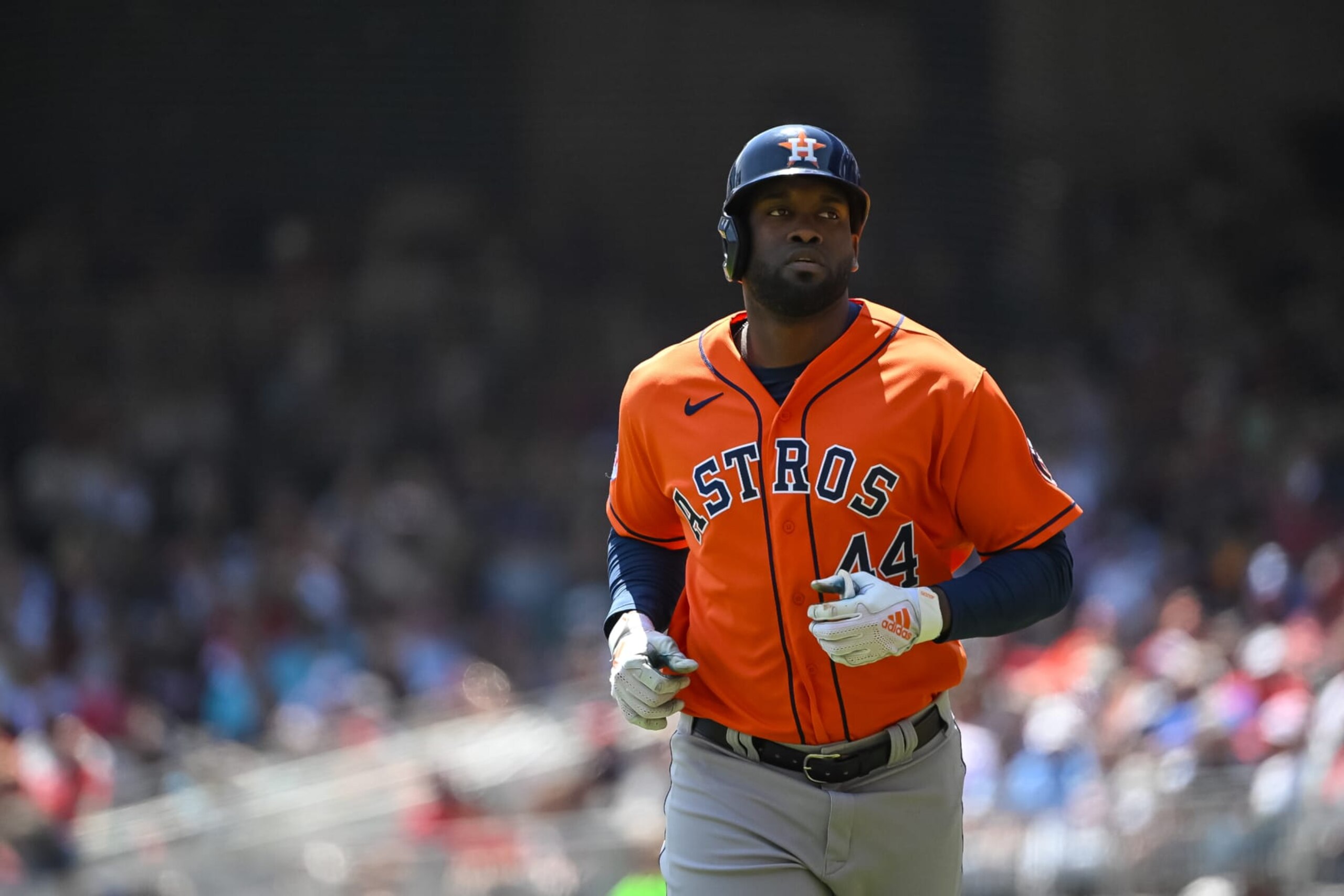 ATLANTA, GA - APRIL 23: Houston Astros left fielder Yordan Alvarez (44) during the MLB game between the Houston Astros and Atlanta Braves on April 23, 2023, at Truist Park in Atlanta, GA. (Photo by John Adams/Icon Sportswire via Getty Images)