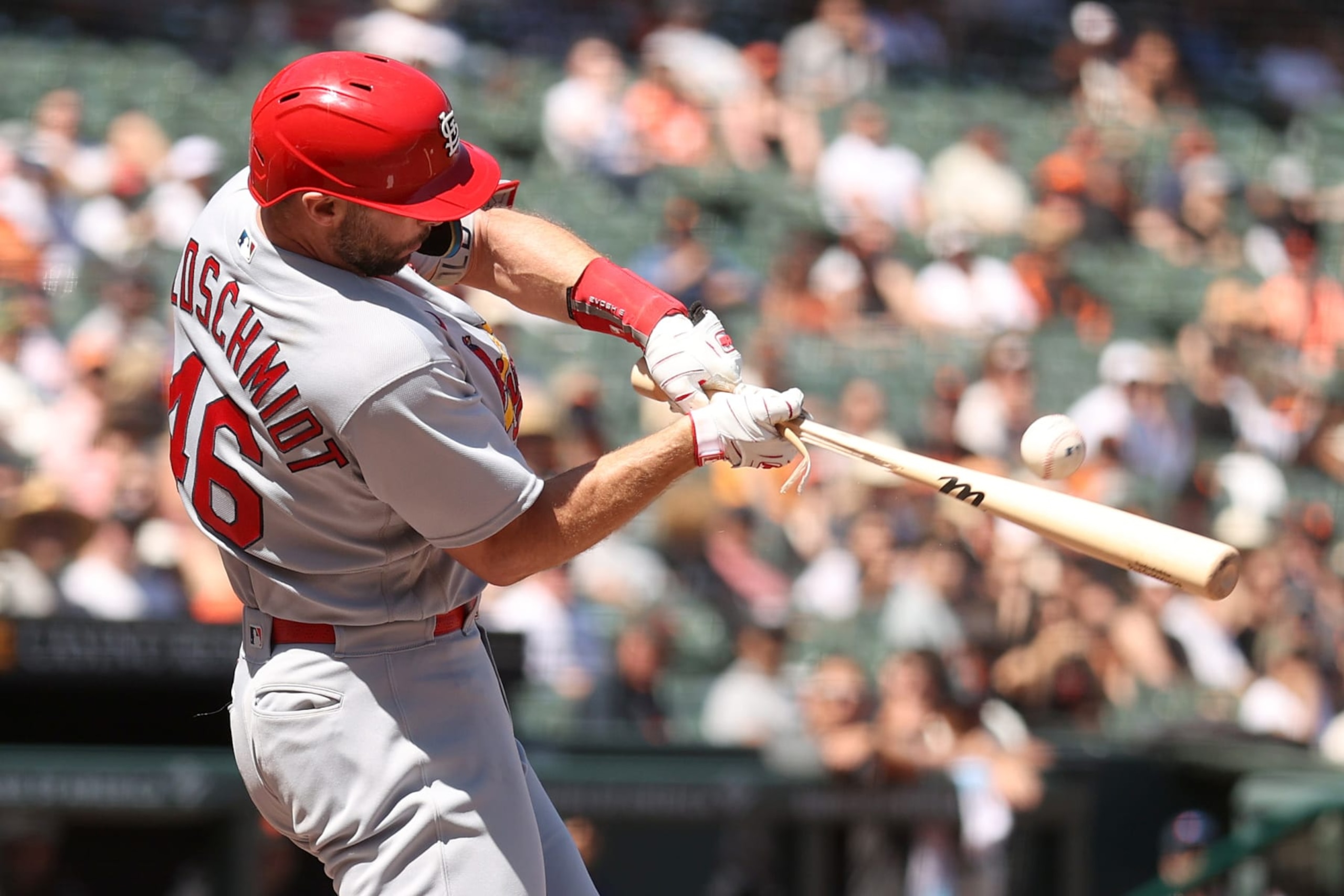 SAN FRANCISCO, CALIFORNIA - APRIL 27: Paul Goldschmidt #46 of the St. Louis Cardinals hits a broken bat foul ball in the eighth inning against the San Francisco Giants at Oracle Park on April 27, 2023 in San Francisco, California. (Photo by Ezra Shaw/Getty Images)