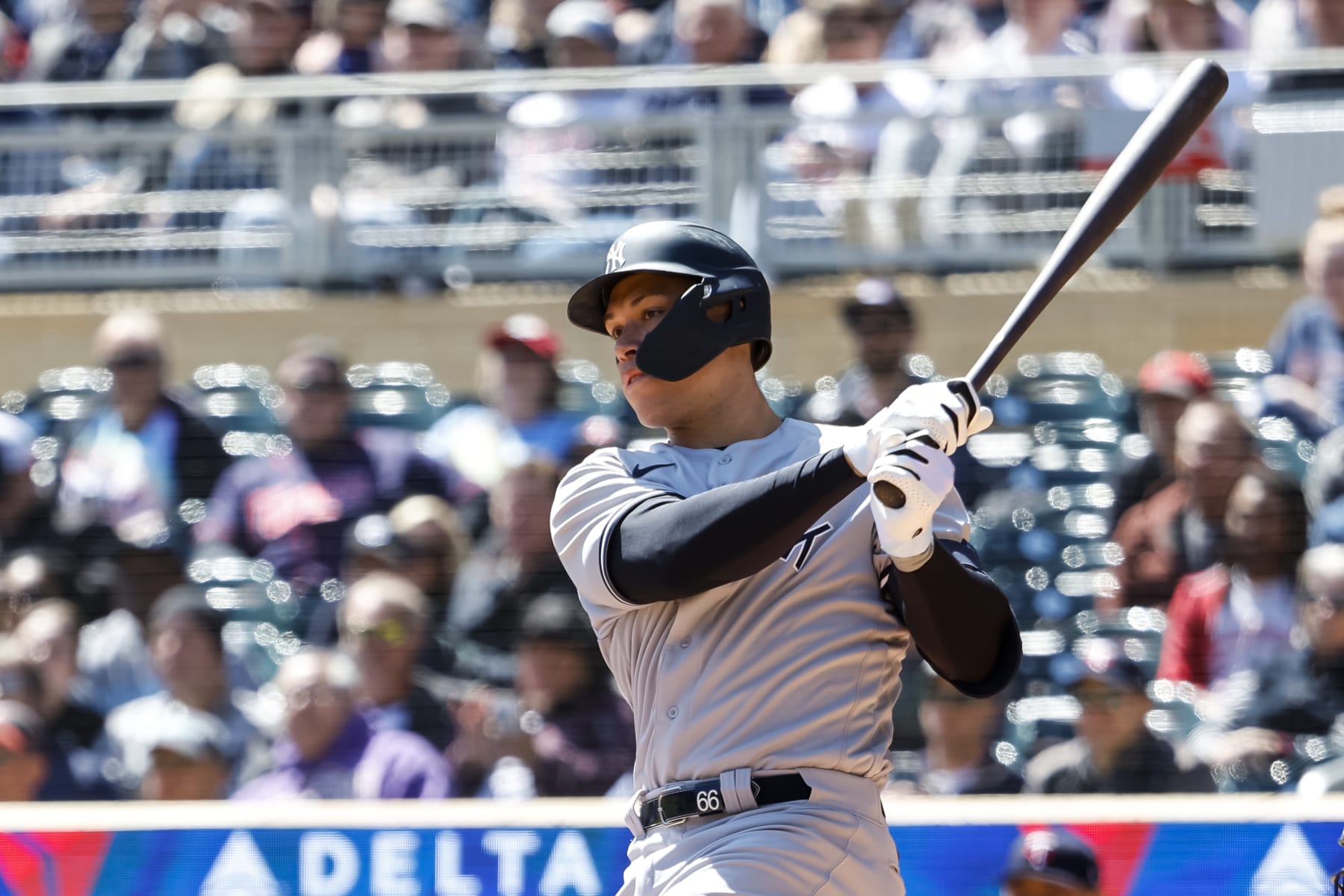MINNEAPOLIS, MN - APRIL 26: Aaron Judge #99 of the New York Yankees hits a three-run double against the Minnesota Twins in the second inning at Target Field on April 26, 2023 in Minneapolis, Minnesota. (Photo by David Berding/Getty Images) MINNEAPOLIS, MN - APRIL 26: Aaron Judge #99 of the New York Yankees hits a three-run double against the Minnesota Twins in the second inning at Target Field on April 26, 2023 in Minneapolis, Minnesota. (Photo by David Berding/Getty Images)