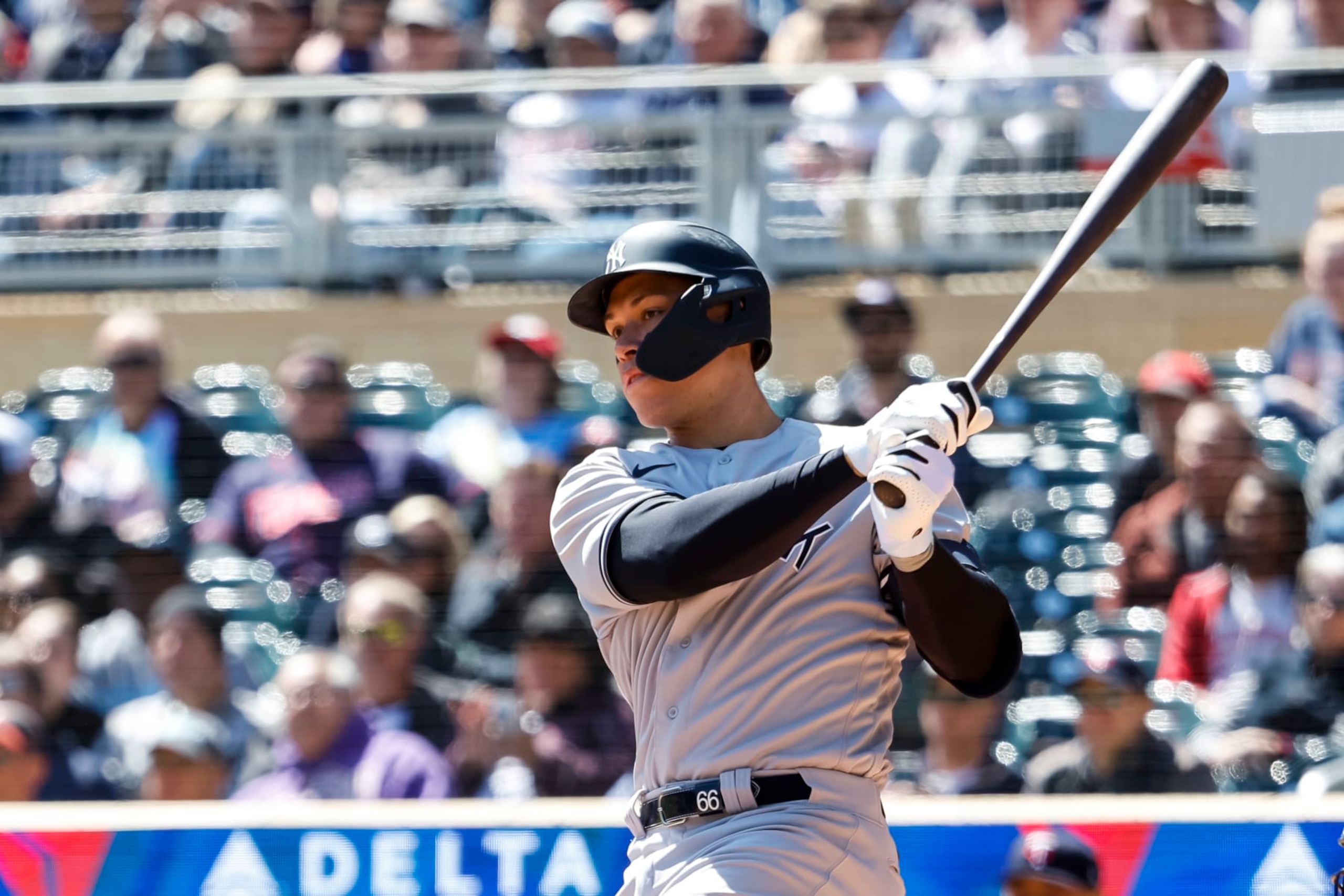 MINNEAPOLIS, MN - APRIL 26: Aaron Judge #99 of the New York Yankees hits a three-run double against the Minnesota Twins in the second inning at Target Field on April 26, 2023 in Minneapolis, Minnesota. (Photo by David Berding/Getty Images)