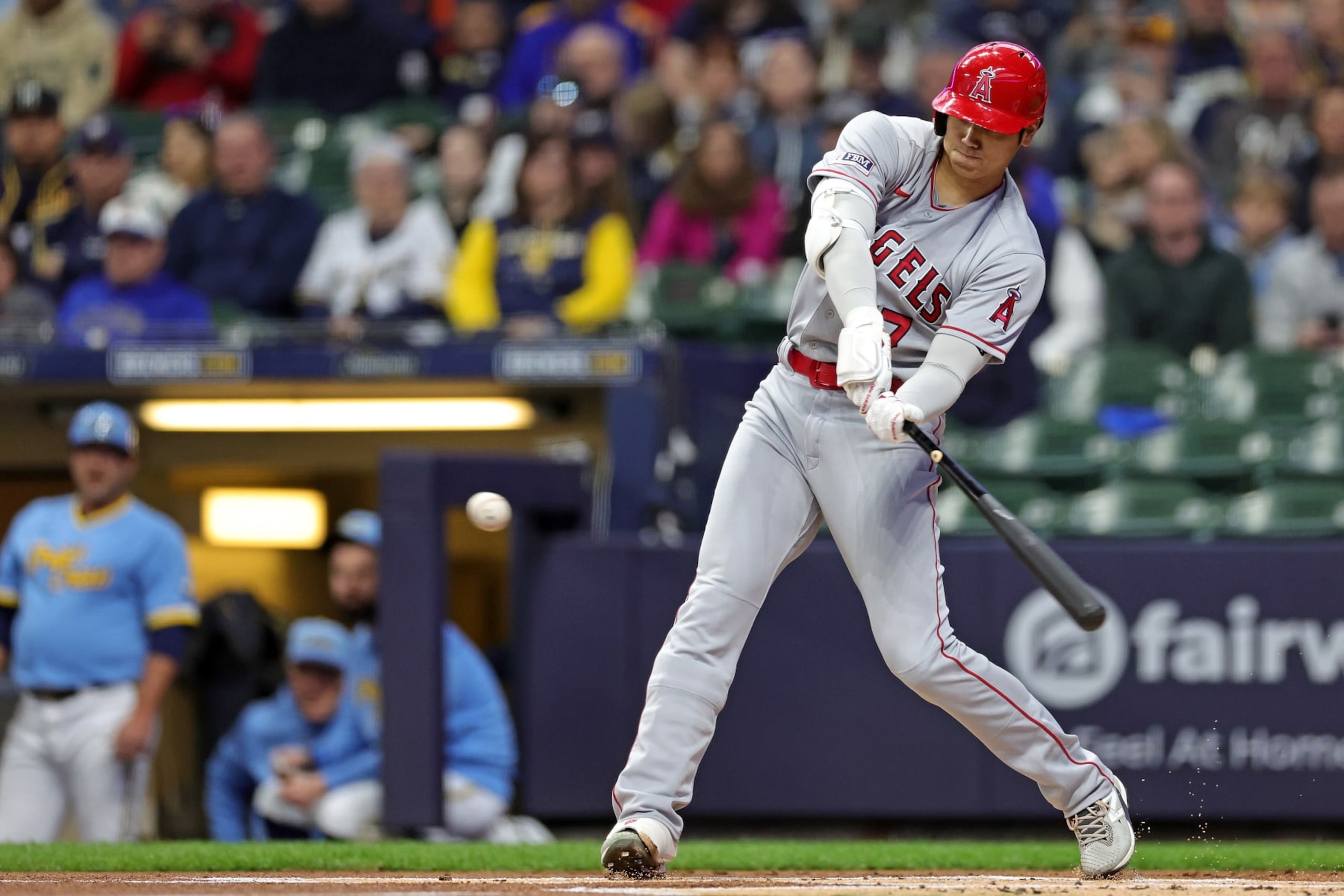 MILWAUKEE, WISCONSIN - APRIL 28: Shohei Ohtani #17 of the Los Angeles Angels at bat against the Milwaukee Brewers during the first inning at American Family Field on April 28, 2023 in Milwaukee, Wisconsin. (Photo by Stacy Revere/Getty Images)