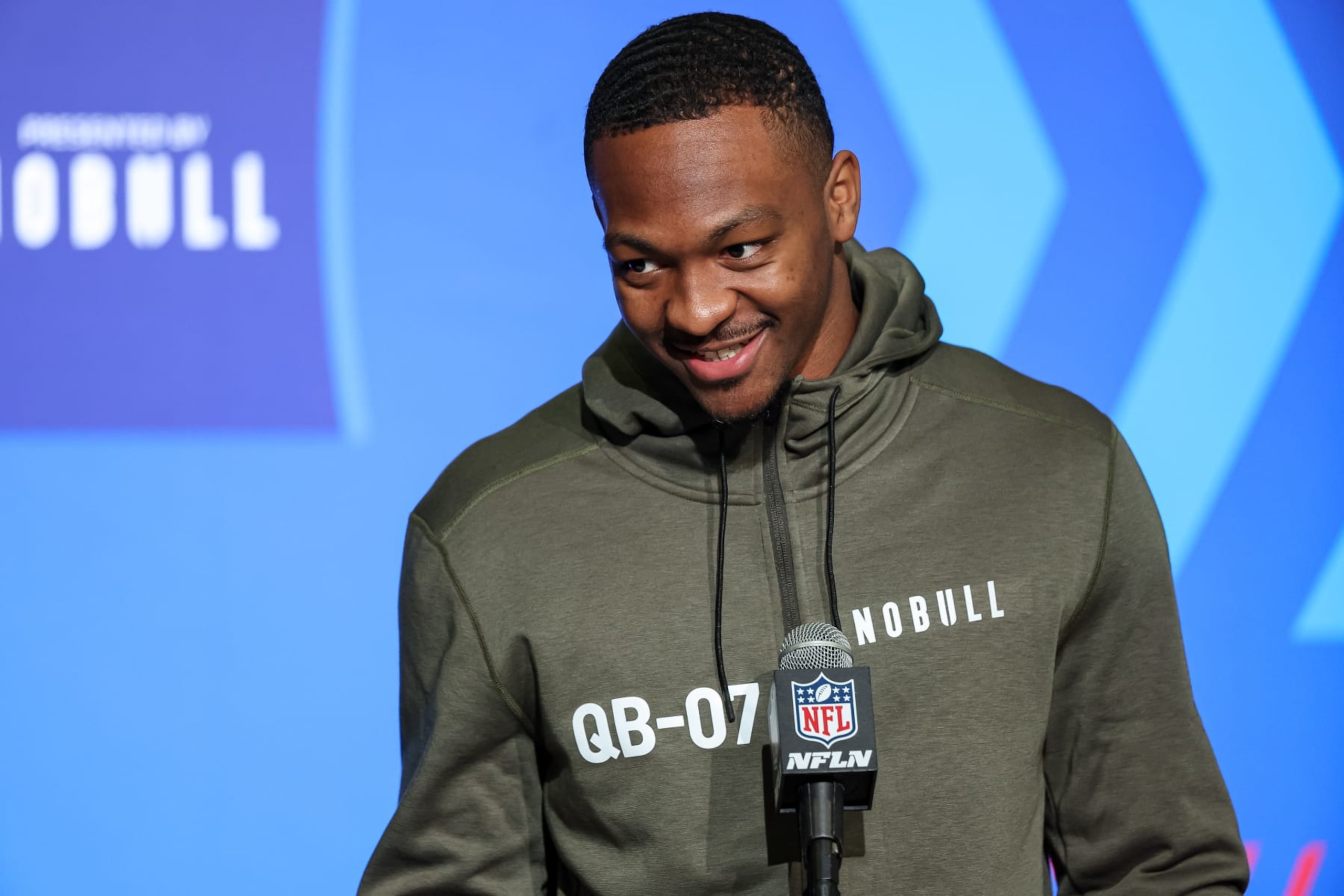 INDIANAPOLIS, IN - MARCH 03: Quarterback Hendon Hooker of Tennessee speaks to the media during the NFL Combine at Lucas Oil Stadium on March 3, 2023 in Indianapolis, Indiana. (Photo by Michael Hickey/Getty Images)