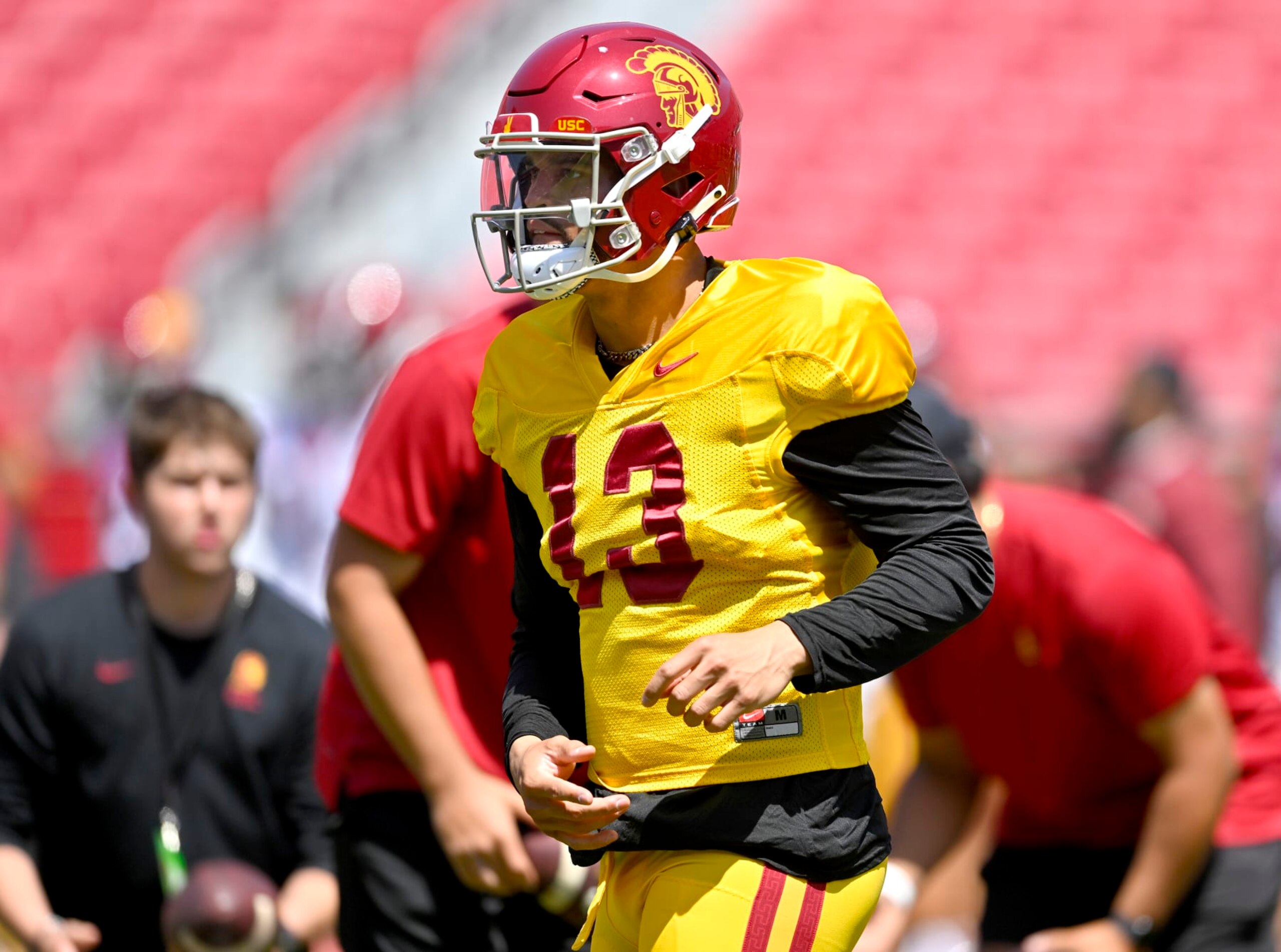 LOS ANGELES, CA - APRIL 15: Quarterback Caleb Williams #13 of the USC Trojans warms up for the spring game at the Los Angeles Memorial Coliseum on April 15, 2023 in Los Angeles, California. (Photo by Jayne Kamin-Oncea/Getty Images)