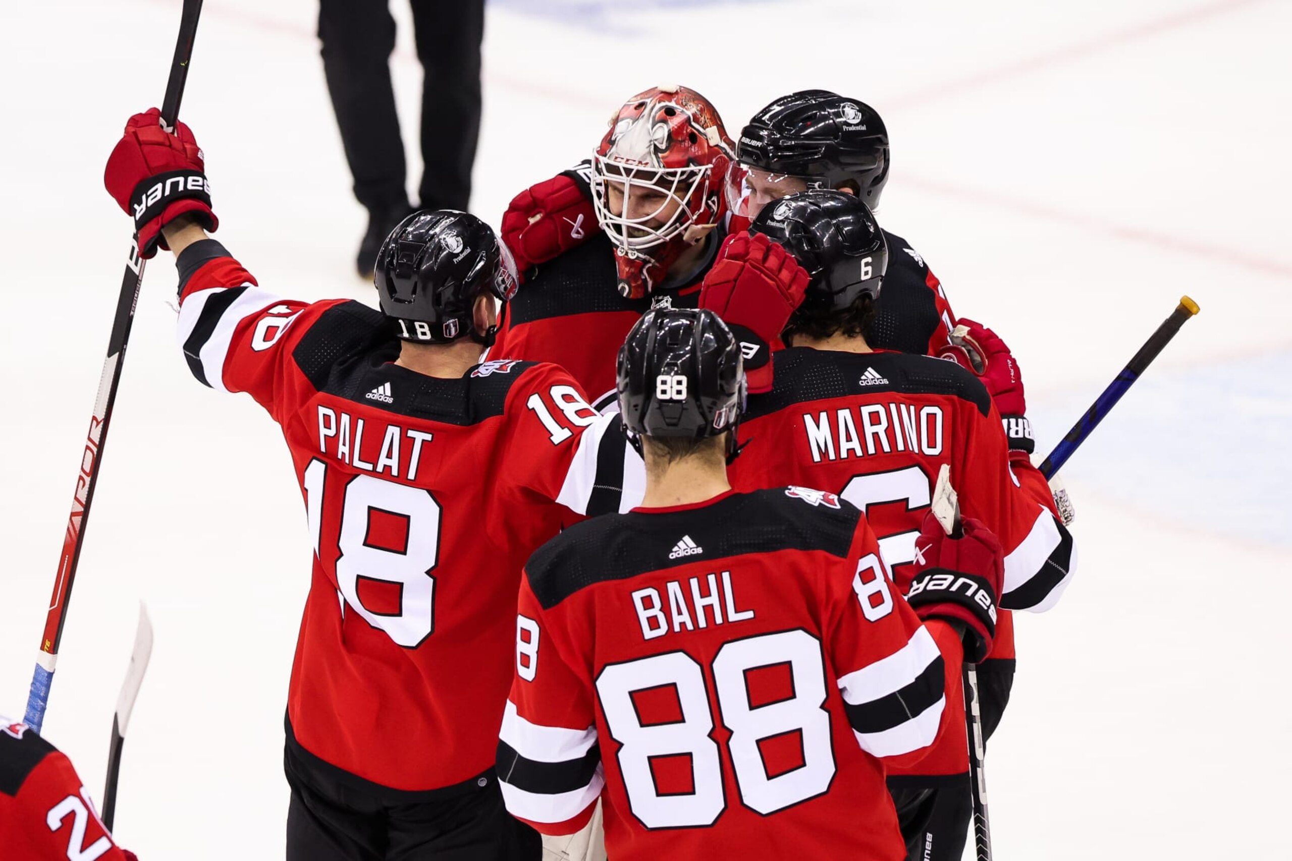 NEWARK, NJ - APRIL 27: New Jersey Devils goaltender Akira Schmid (40) reacts after shutting out the New York Rangers during the National Hockey League game between the New York Rangers and the New Jersey Devils on April 27, 2023 at Prudential Center in Newark, NJ. (Photo by Andrew Mordzynski/Icon Sportswire via Getty Images)