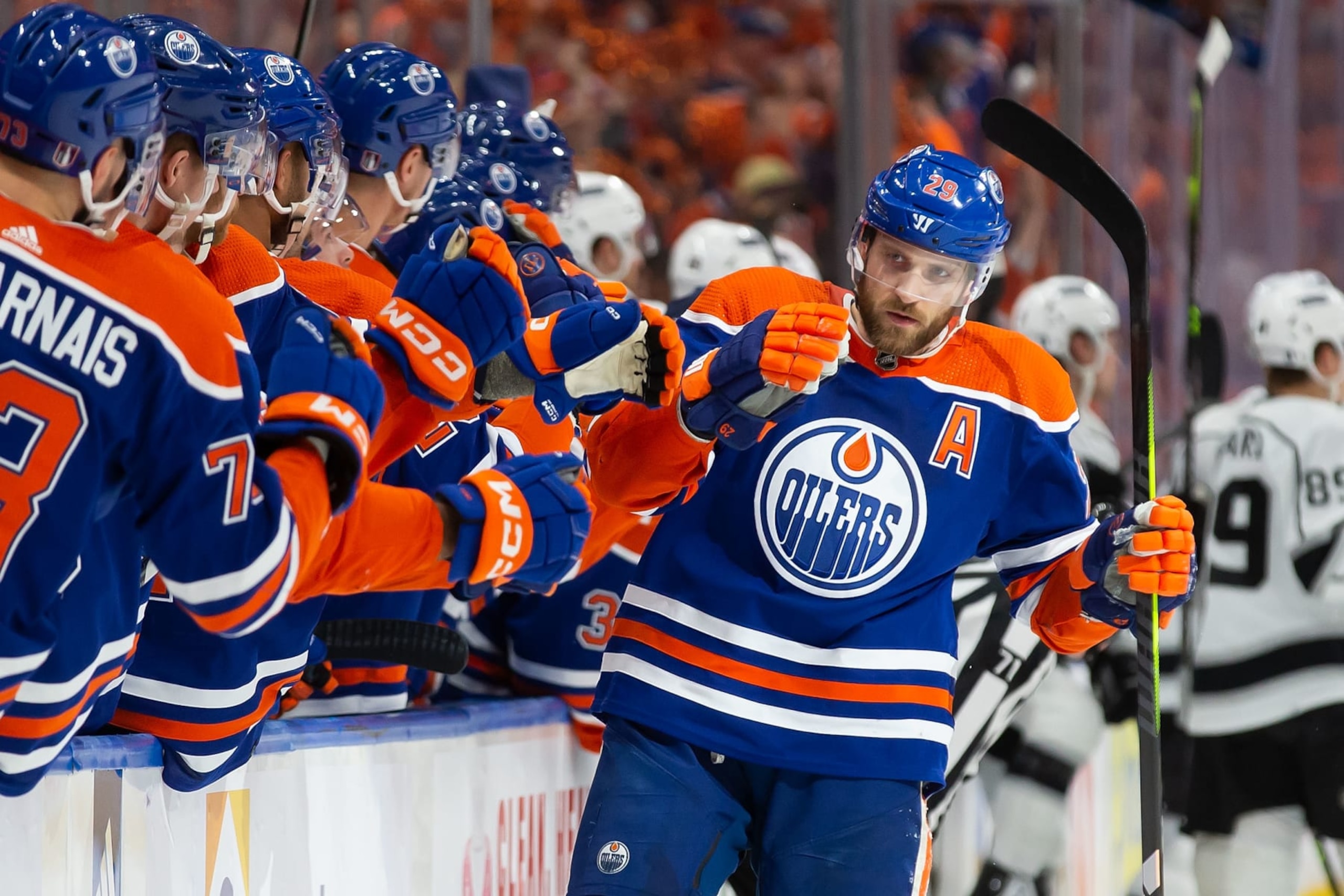 EDMONTON, AB - APRIL 25: Leon Draisaitl #29 of the Edmonton Oilers celebrates a goal against the Los Angeles Kings during the first period in Game Five of the First Round of the 2023 Stanley Cup Playoffs at Rogers Place on April 25, 2023, in Edmonton, Canada. (Photo by Codie McLachlan/Getty Images)