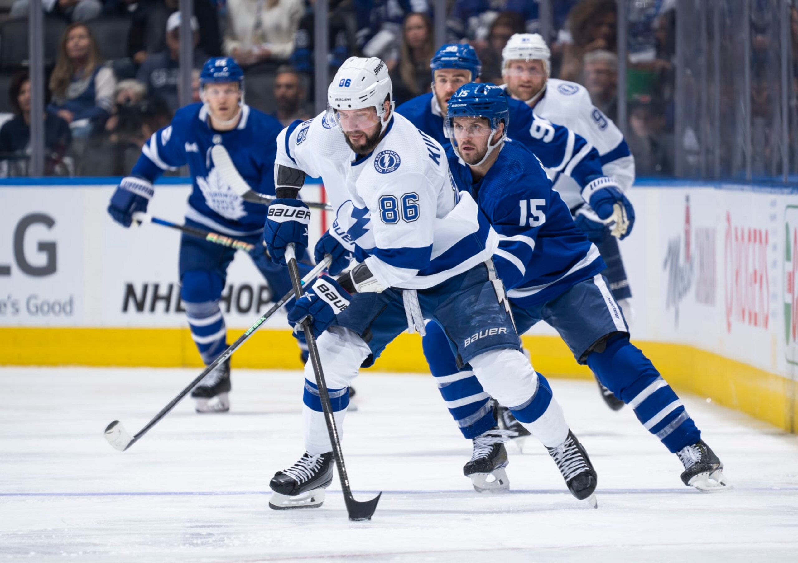 TORONTO, ON - APRIL 27: Nikita Kucherov #86 of the Tampa Bay Lightning skates against Alexander Kerfoot #15 of the Toronto Maple Leafs during the first period in Game Five of the First Round of the 2023 Stanley Cup Playoffs at the Scotiabank Arena on April 27, 2023 in Toronto, Ontario, Canada. (Photo by Mark Blinch/NHLI via Getty Images)