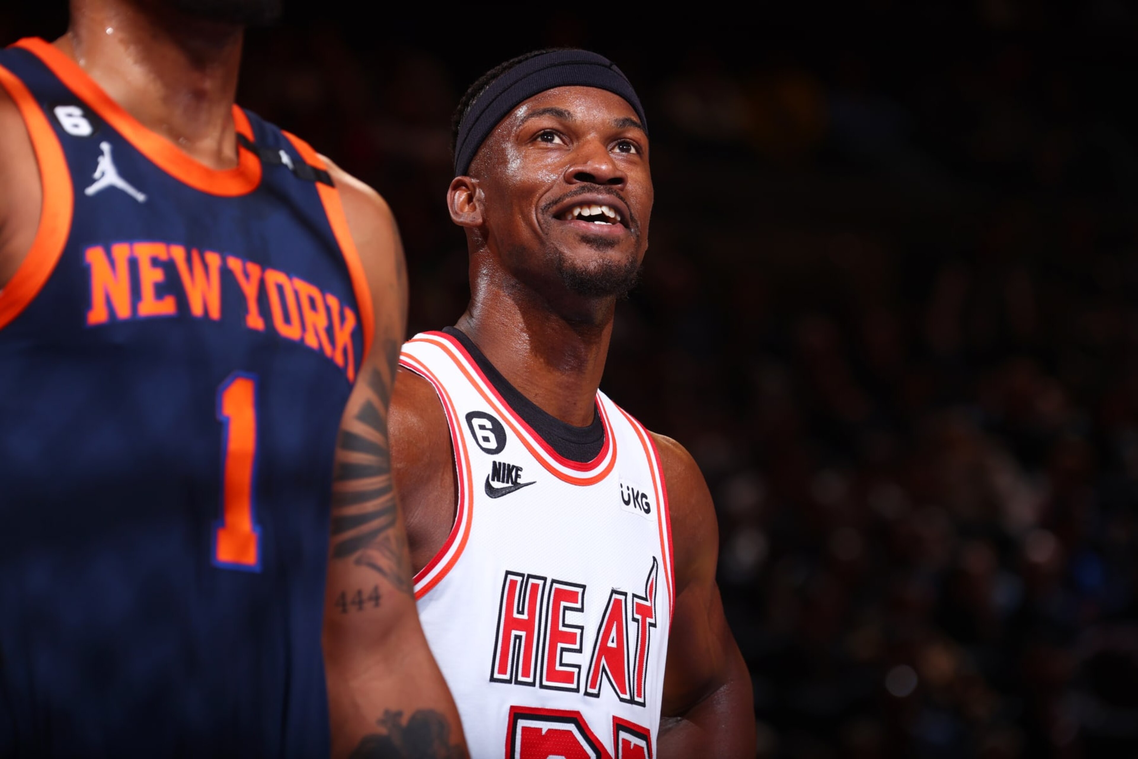 NEW YORK, NY - MARCH 29: Jimmy Butler #22 of the Miami Heat smiles during the game against the New York Knicks on March 29, 2023 at Madison Square Garden in New York City, New York.  NOTE TO USER: User expressly acknowledges and agrees that, by downloading and or using this photograph, User is consenting to the terms and conditions of the Getty Images License Agreement. Mandatory Copyright Notice: Copyright 2023 NBAE  (Photo by Nathaniel S. Butler/NBAE via Getty Images)
