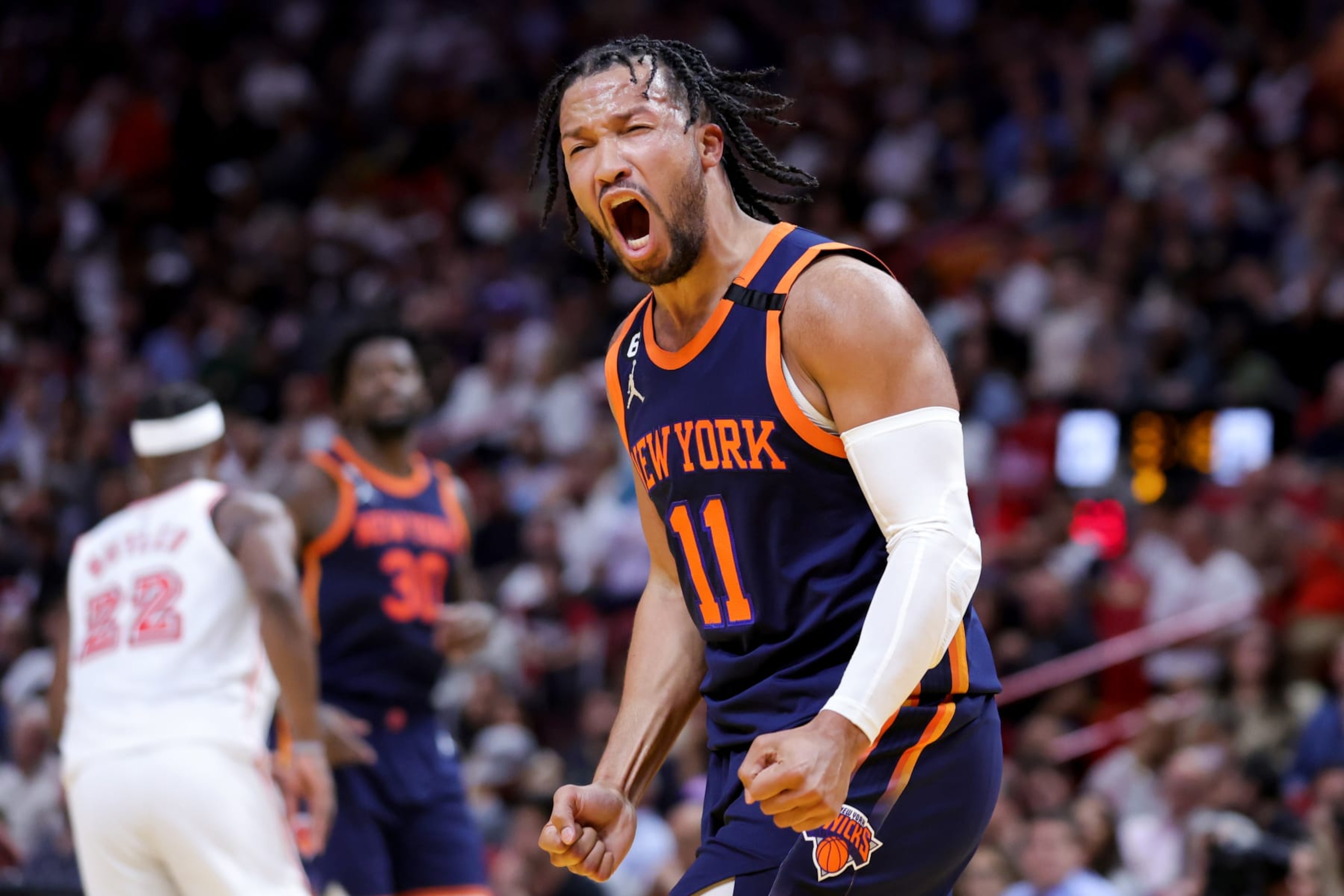 MIAMI, FLORIDA - MARCH 22: Jalen Brunson #11 of the New York Knicks reacts during the third quarter of the game against the Miami Heat at Miami-Dade Arena on March 22, 2023 in Miami, Florida. NOTE TO USER: User expressly acknowledges and agrees that, by downloading and or using this photograph, User is consenting to the terms and conditions of the Getty Images License Agreement. (Photo by Megan Briggs/Getty Images)