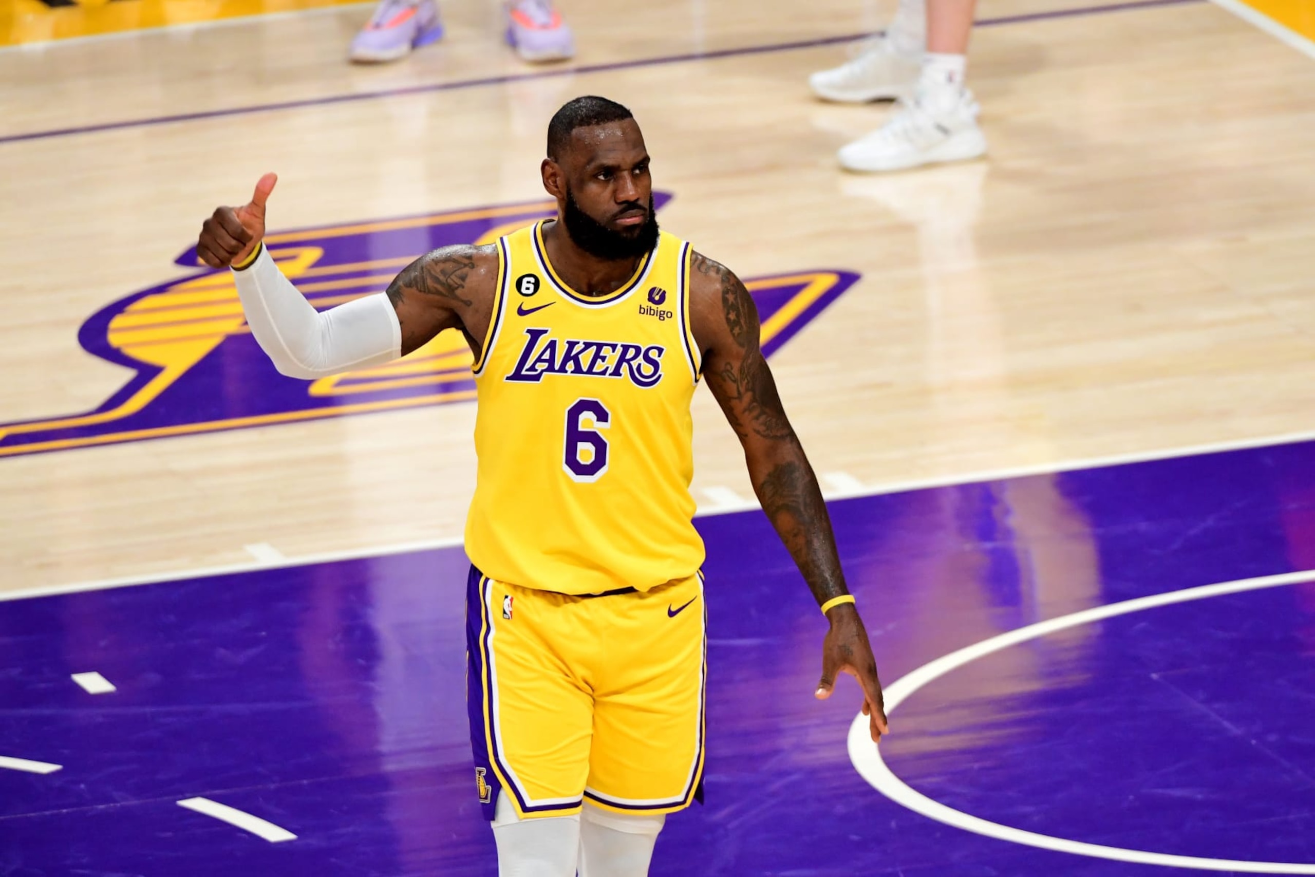 LOS ANGELES, CA - APRIL 28: LeBron James #6 of the Los Angeles Lakers looks on during the game against the Memphis Grizzlies during round One Game Six of the 2023 NBA Playoffs on April 28, 2023 at Crypto.Com Arena in Los Angeles, California. NOTE TO USER: User expressly acknowledges and agrees that, by downloading and/or using this Photograph, user is consenting to the terms and conditions of the Getty Images License Agreement. Mandatory Copyright Notice: Copyright 2023 NBAE (Photo by Adam Pantozzi/NBAE via Getty Images) LOS ANGELES, CA - APRIL 28: LeBron James #6 of the Los Angeles Lakers looks on during the game against the Memphis Grizzlies during round One Game Six of the 2023 NBA Playoffs on April 28, 2023 at Crypto.Com Arena in Los Angeles, California. NOTE TO USER: User expressly acknowledges and agrees that, by downloading and/or using this Photograph, user is consenting to the terms and conditions of the Getty Images License Agreement. Mandatory Copyright Notice: Copyright 2023 NBAE (Photo by Adam Pantozzi/NBAE via Getty Images)