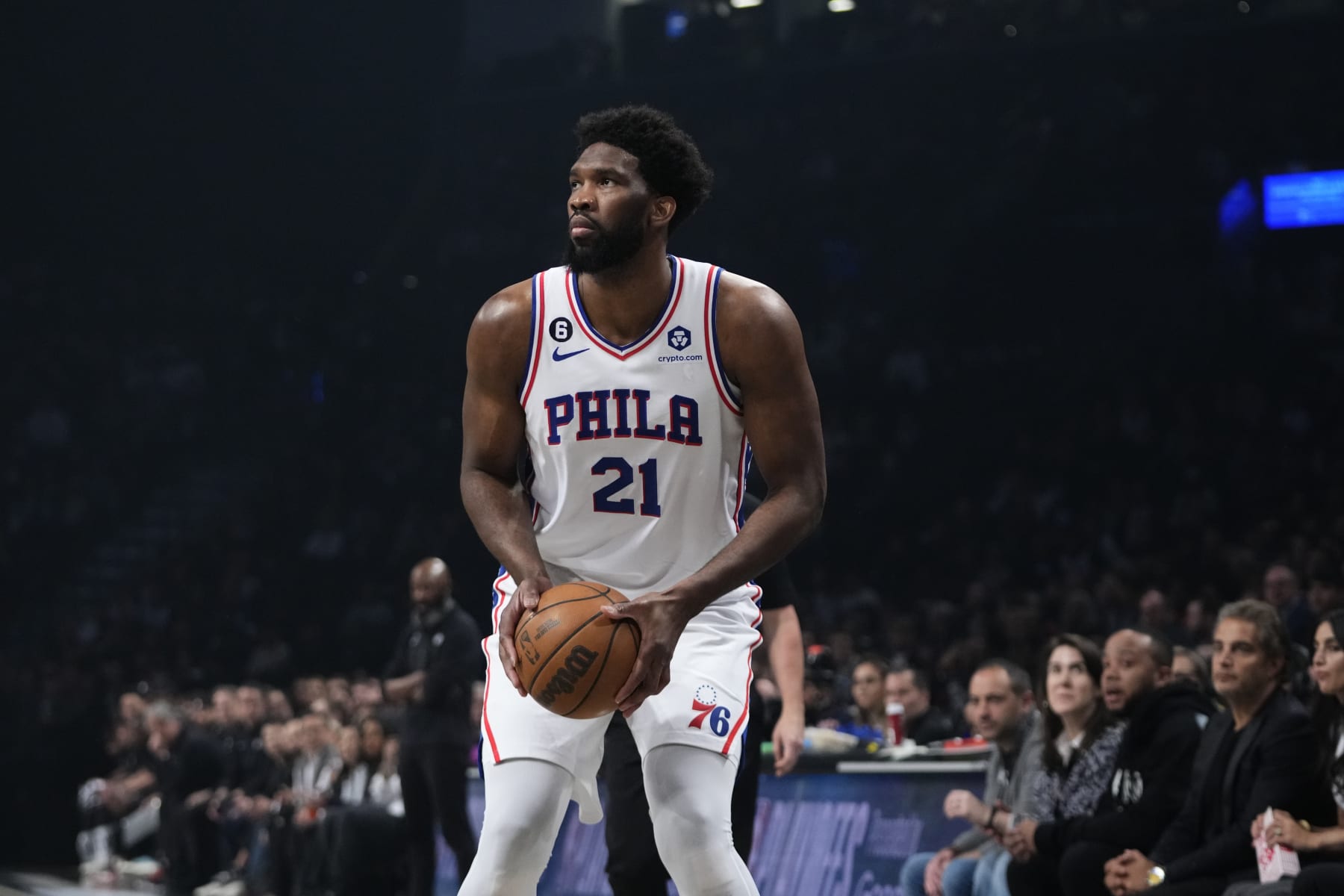 Philadelphia 76ers' Joel Embiid during the first half of Game 3 in an NBA basketball first-round playoff series against the Brooklyn Nets Thursday, April 20, 2023, in New York. (AP Photo/Frank Franklin II)