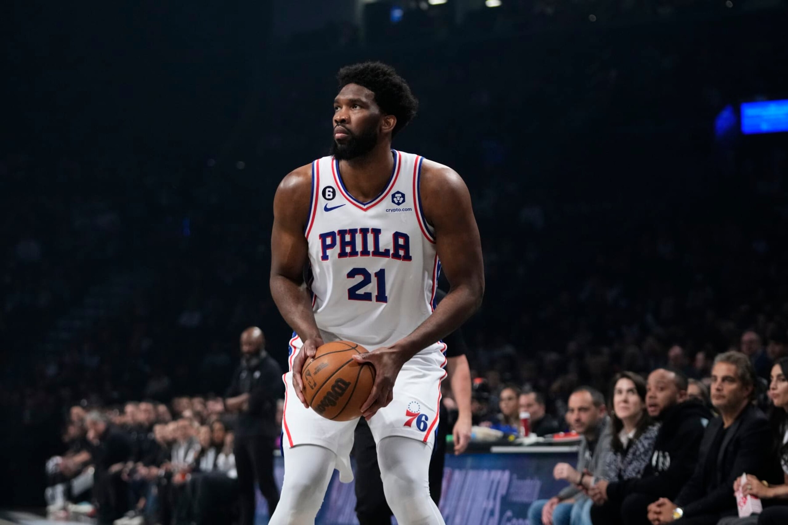 Philadelphia 76ers' Joel Embiid during the first half of Game 3 in an NBA basketball first-round playoff series against the Brooklyn Nets Thursday, April 20, 2023, in New York. (AP Photo/Frank Franklin II)