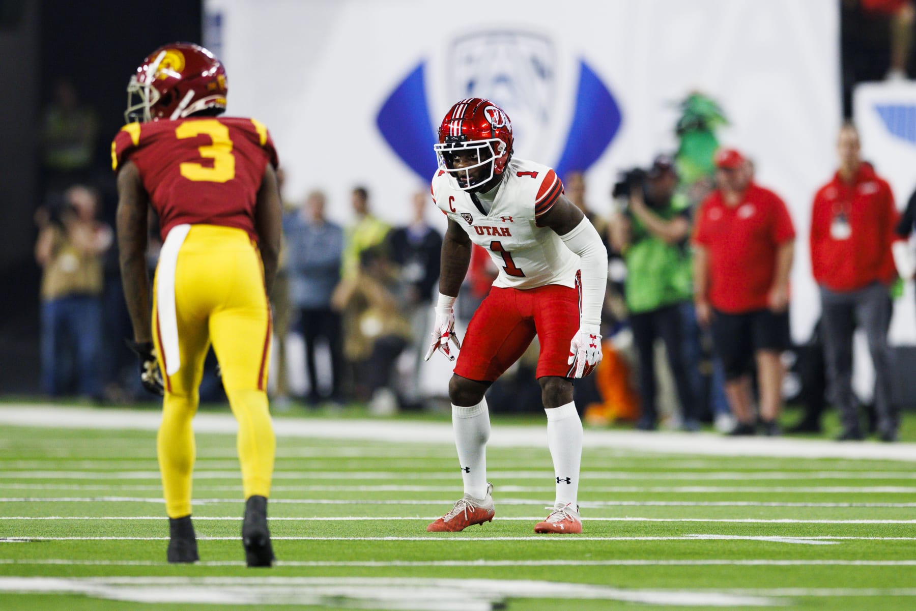 LAS VEGAS, NV - DECEMBER 02: Utah Utes cornerback Clark Phillips III (1) covers USC Trojans wide receiver Jordan Addison (3) during the Pac-12 Championship football game on December 2, 2022 at Allegiant Stadium in Las Vegas, NV. (Photo by Ric Tapia/Icon Sportswire via Getty Images)