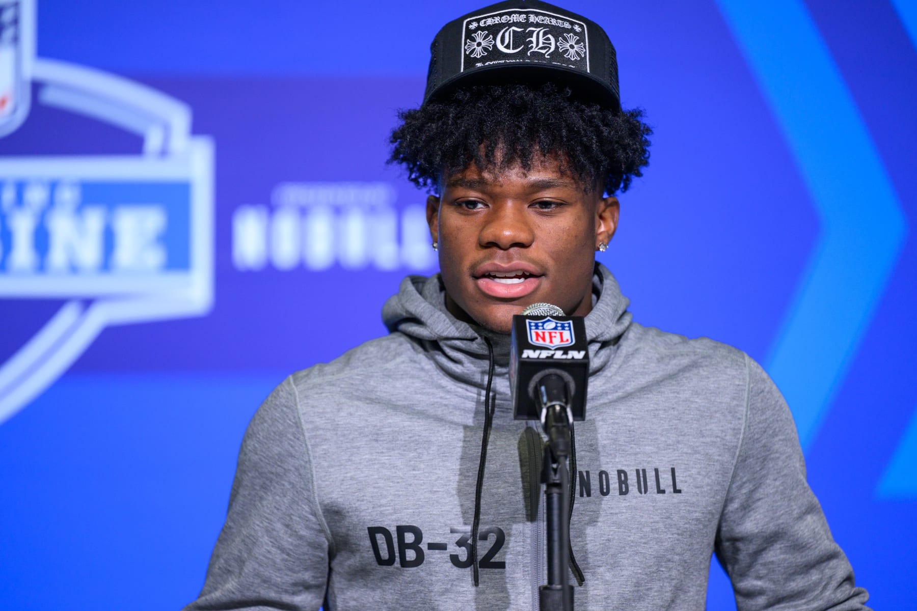INDIANAPOLIS, IN - MARCH 02: TCU defensive back Tre'Vius Hodges-Tomlinson answers questions from the media during the NFL Scouting Combine on March 2, 2023, at the Indiana Convention Center in Indianapolis, IN. (Photo by Zach Bolinger/Icon Sportswire via Getty Images)