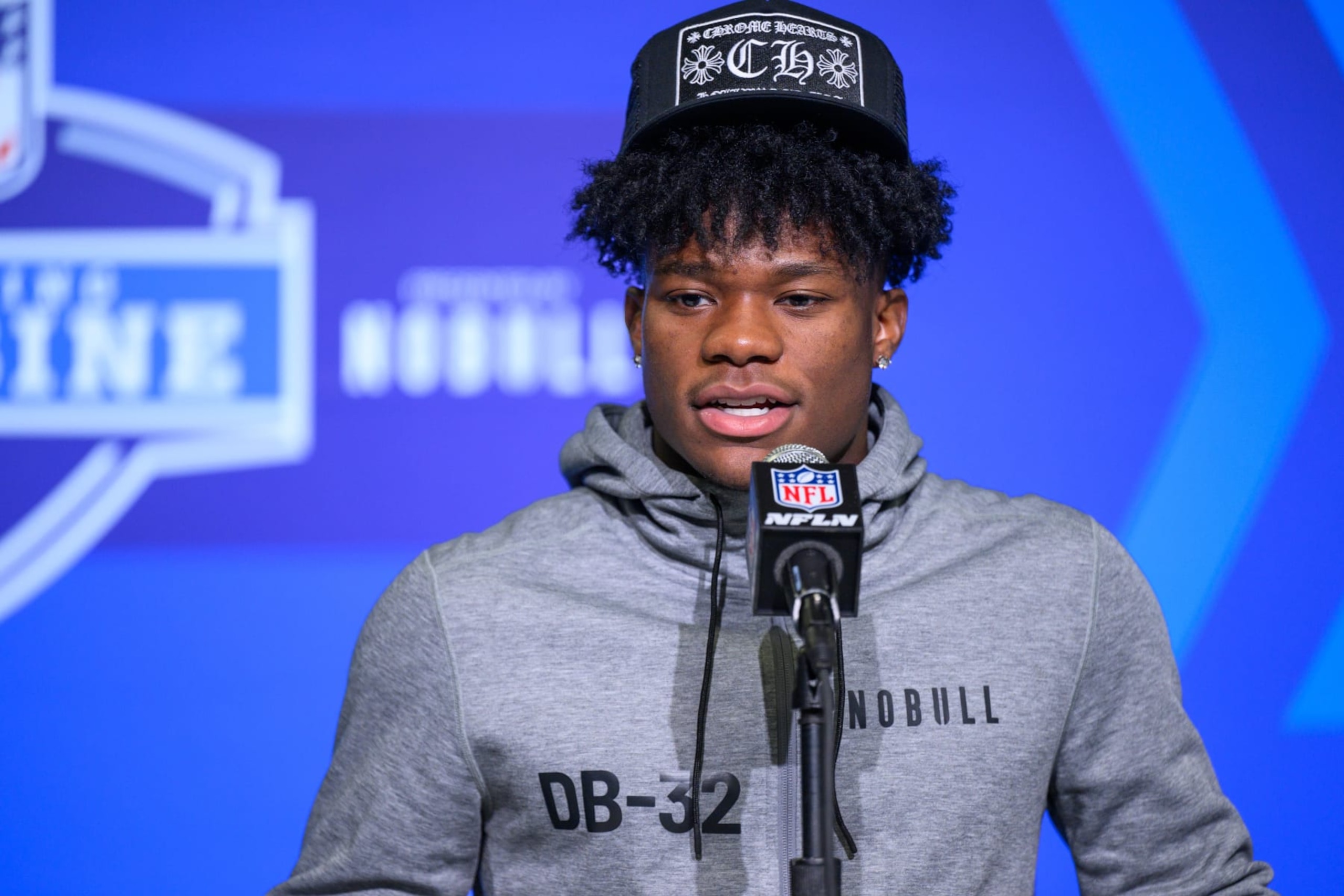INDIANAPOLIS, IN - MARCH 02: TCU defensive back Tre'Vius Hodges-Tomlinson answers questions from the media during the NFL Scouting Combine on March 2, 2023, at the Indiana Convention Center in Indianapolis, IN. (Photo by Zach Bolinger/Icon Sportswire via Getty Images)