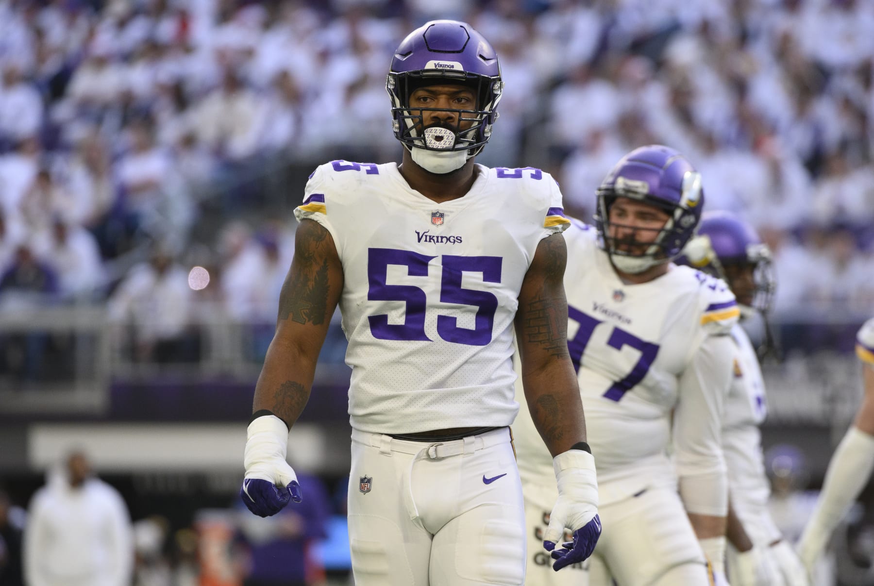 MINNEAPOLIS, MN - DECEMBER 24: Za'Darius Smith #55 of the Minnesota Vikings on field between plays in the first quarter of the game against the New York Giants at U.S. Bank Stadium on December 24, 2022 in Minneapolis, Minnesota. (Photo by Stephen Maturen/Getty Images)