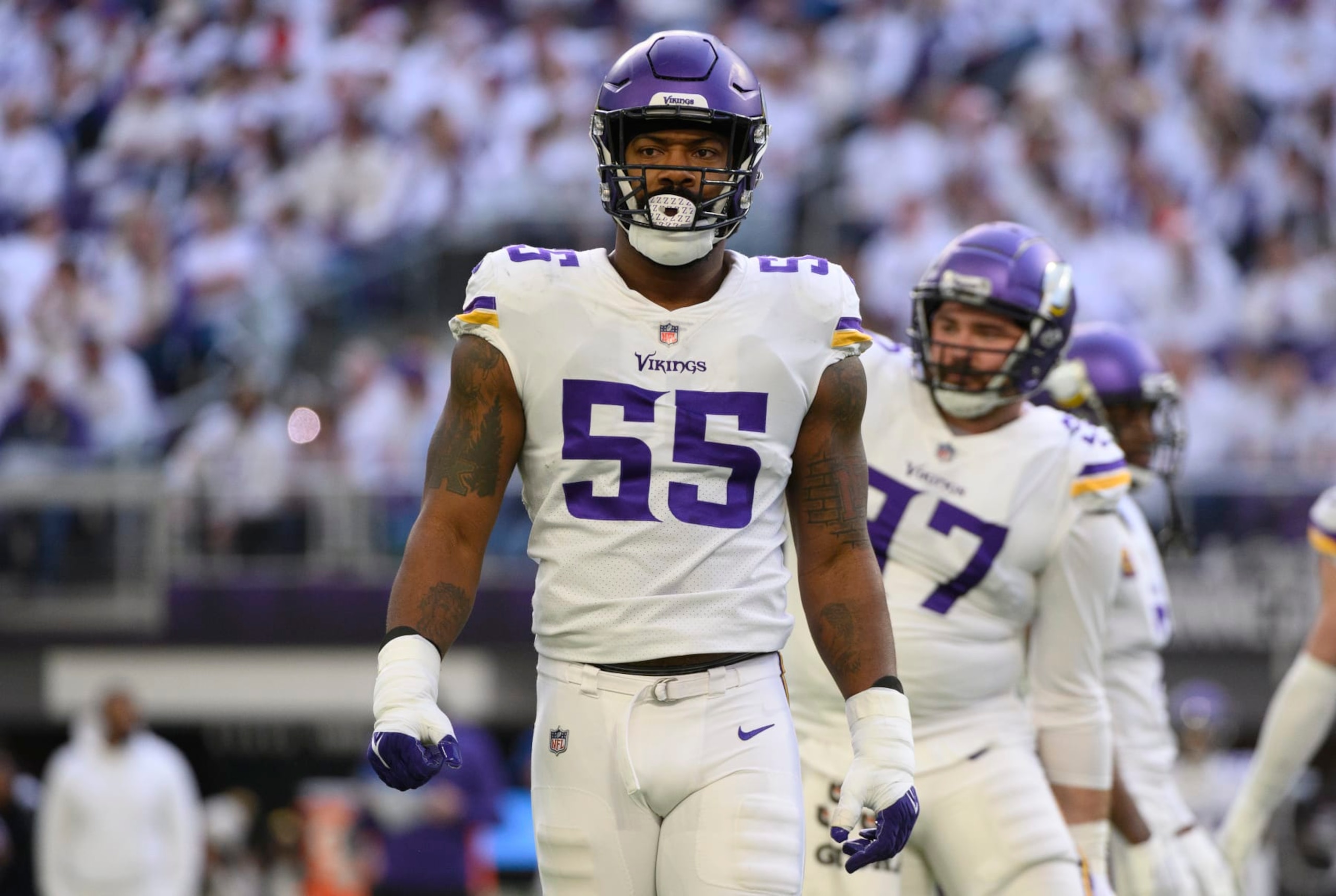 MINNEAPOLIS, MN - DECEMBER 24: Za'Darius Smith #55 of the Minnesota Vikings on field between plays in the first quarter of the game against the New York Giants at U.S. Bank Stadium on December 24, 2022 in Minneapolis, Minnesota. (Photo by Stephen Maturen/Getty Images)