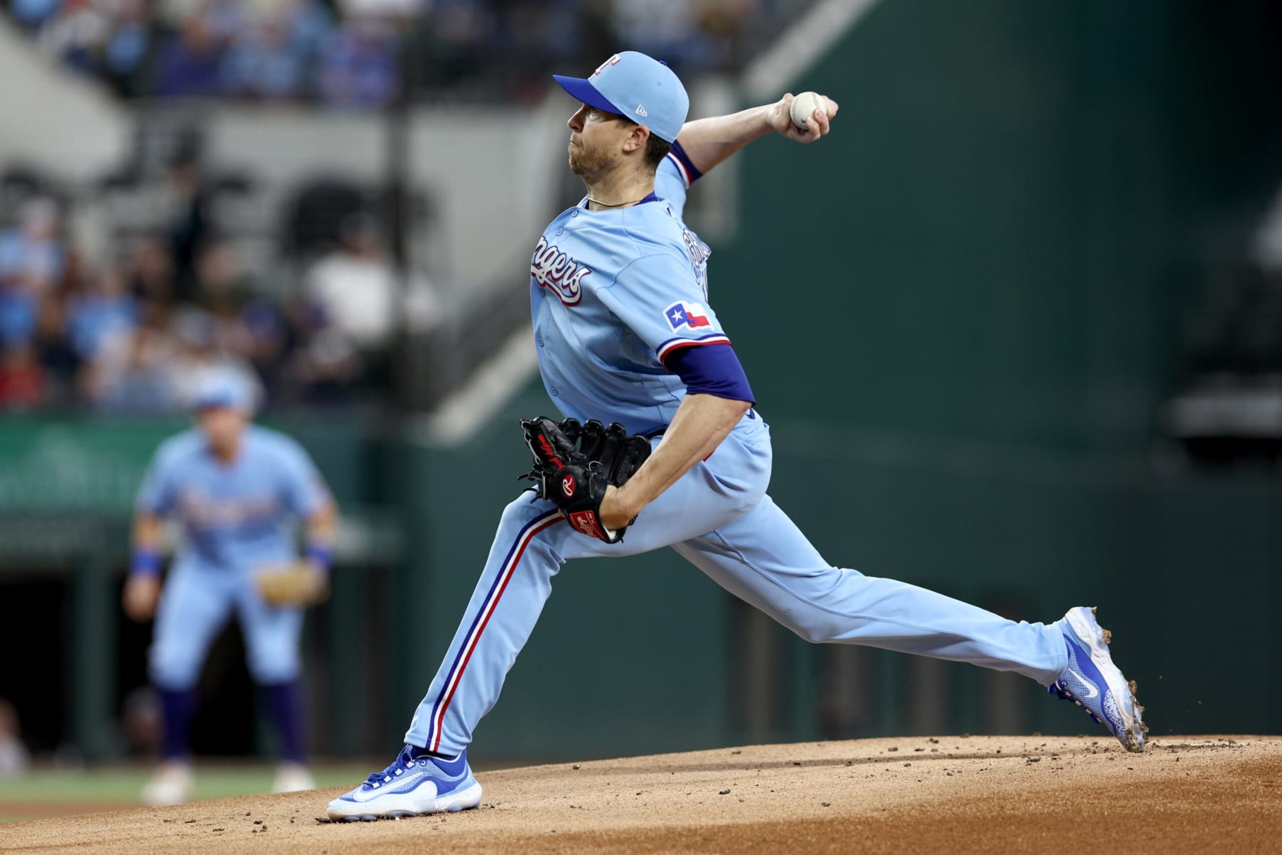 ARLINGTON, TEXAS - APRIL 23: Jacob deGrom #48 of the Texas Rangers pitches against the Oakland Athletics in the top of the first inning at Globe Life Field on April 23, 2023 in Arlington, Texas. (Photo by Tom Pennington/Getty Images)