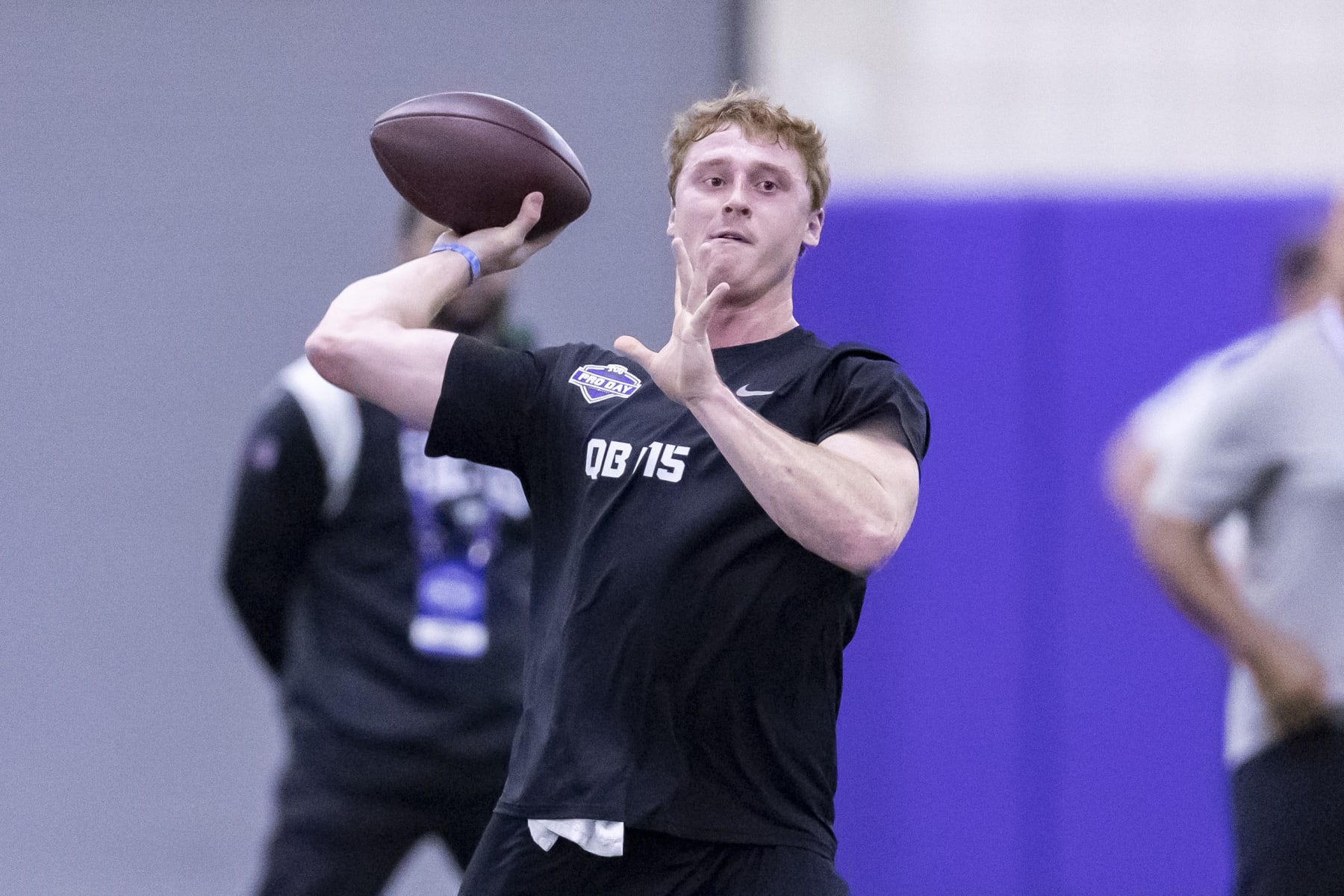 TCU football quarterback Max Duggan throws during NFL Pro Day, Thursday, March 30, 2023, in Fort Worth, Texas. (AP Photo/Brandon Wade)