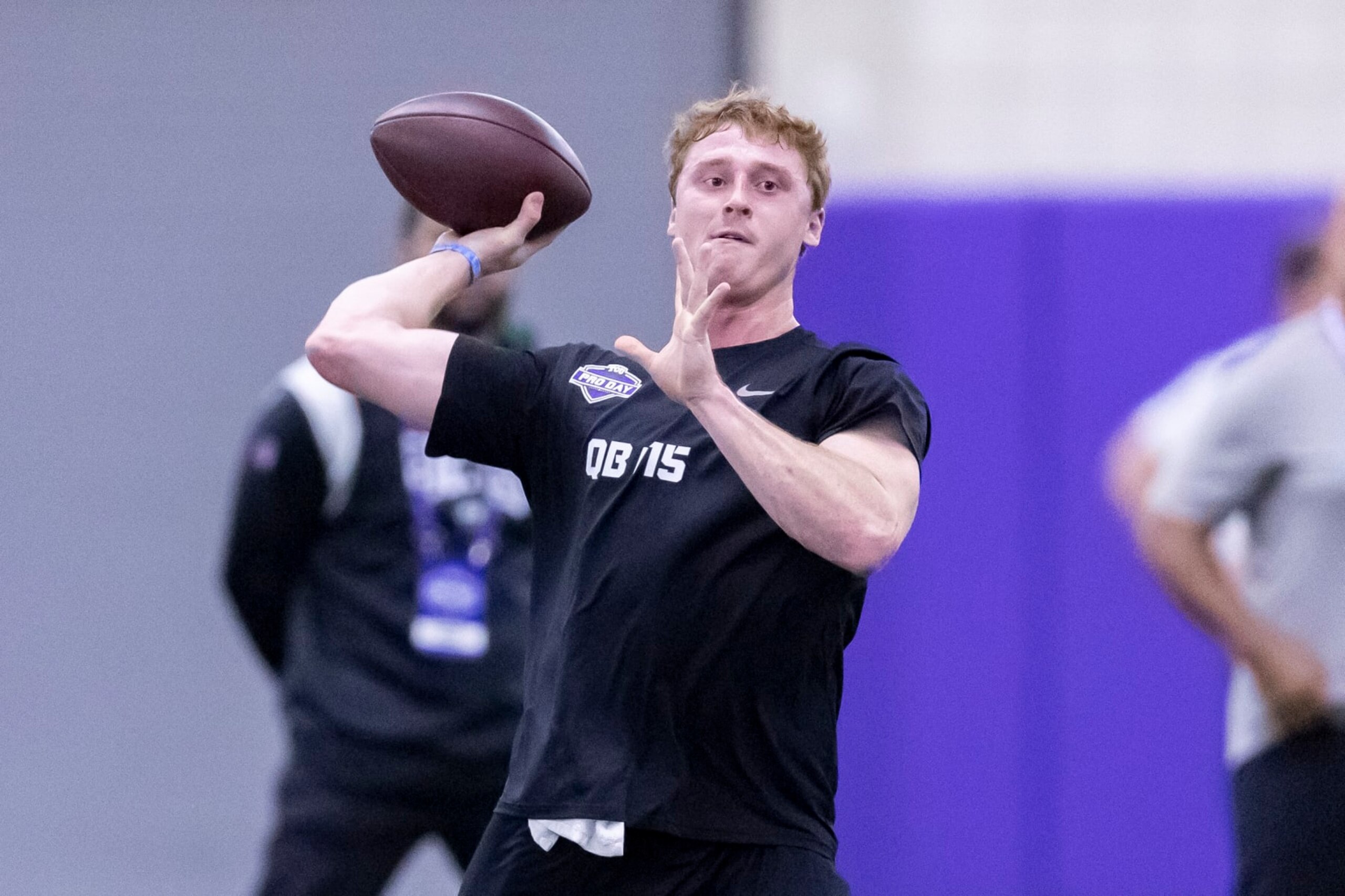 TCU football quarterback Max Duggan throws during NFL Pro Day, Thursday, March 30, 2023, in Fort Worth, Texas. (AP Photo/Brandon Wade)