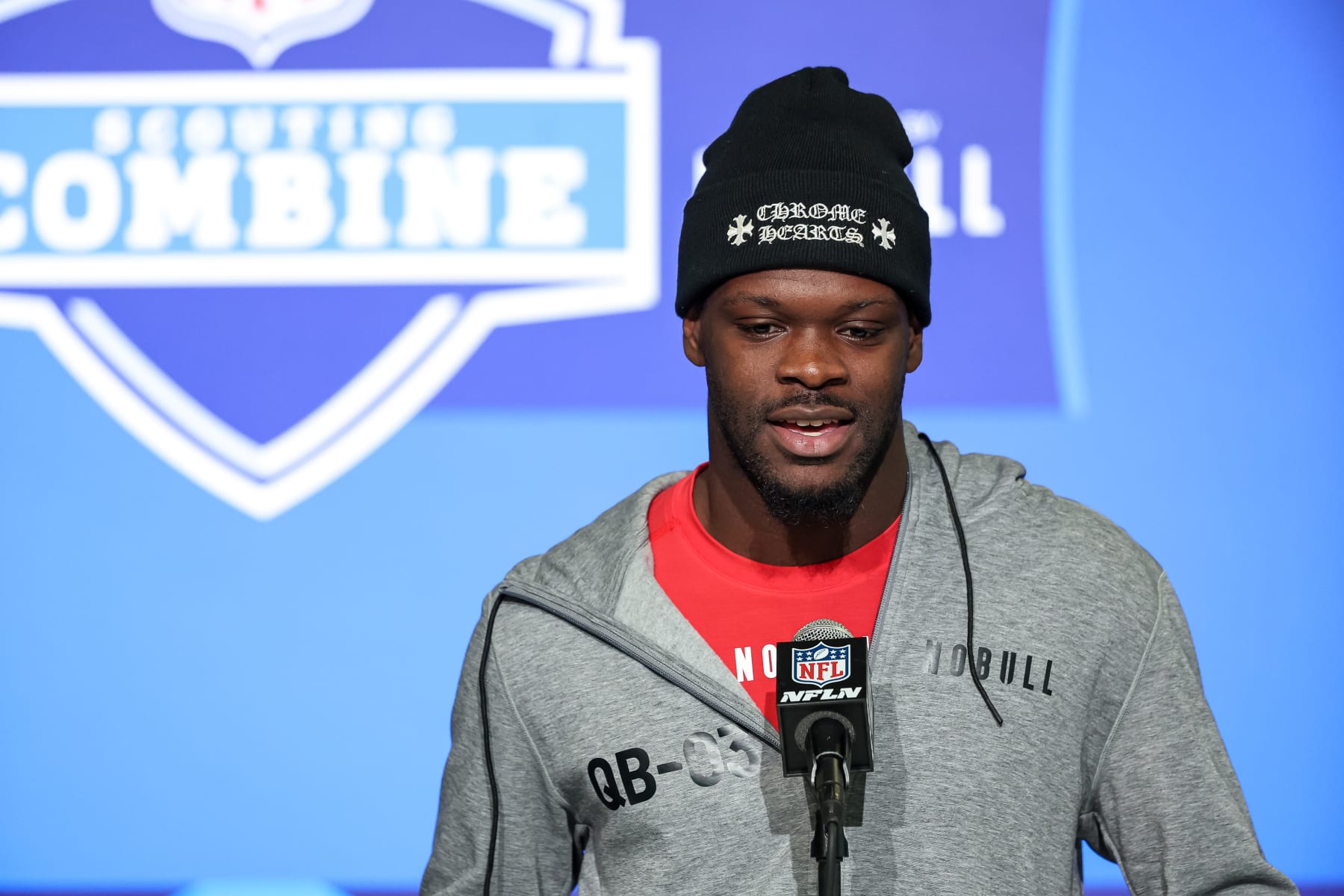 INDIANAPOLIS, IN - MARCH 03: Quarterback Malik Cunningham of Louisville speaks to the media during the NFL Combine at Lucas Oil Stadium on March 3, 2023 in Indianapolis, Indiana. (Photo by Michael Hickey/Getty Images)