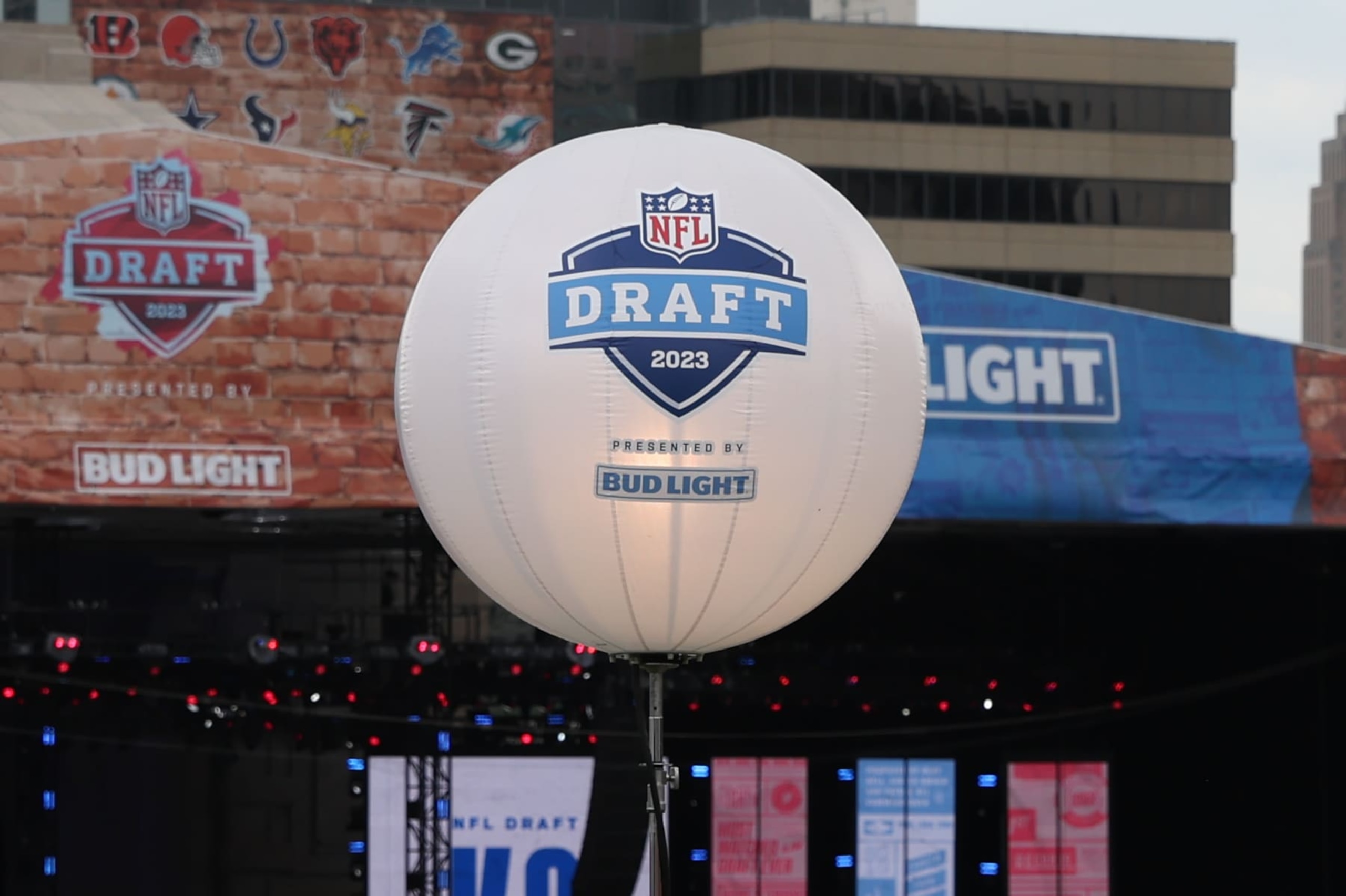 KANSAS CITY, MO - APRIL 27: AS view of the NFL Draft logo with the stage in the distance before the first round of the NFL Draft on April 27, 2023 at Union Station in Kansas City, MO. (Photo by Scott Winters/Icon Sportswire via Getty Images)