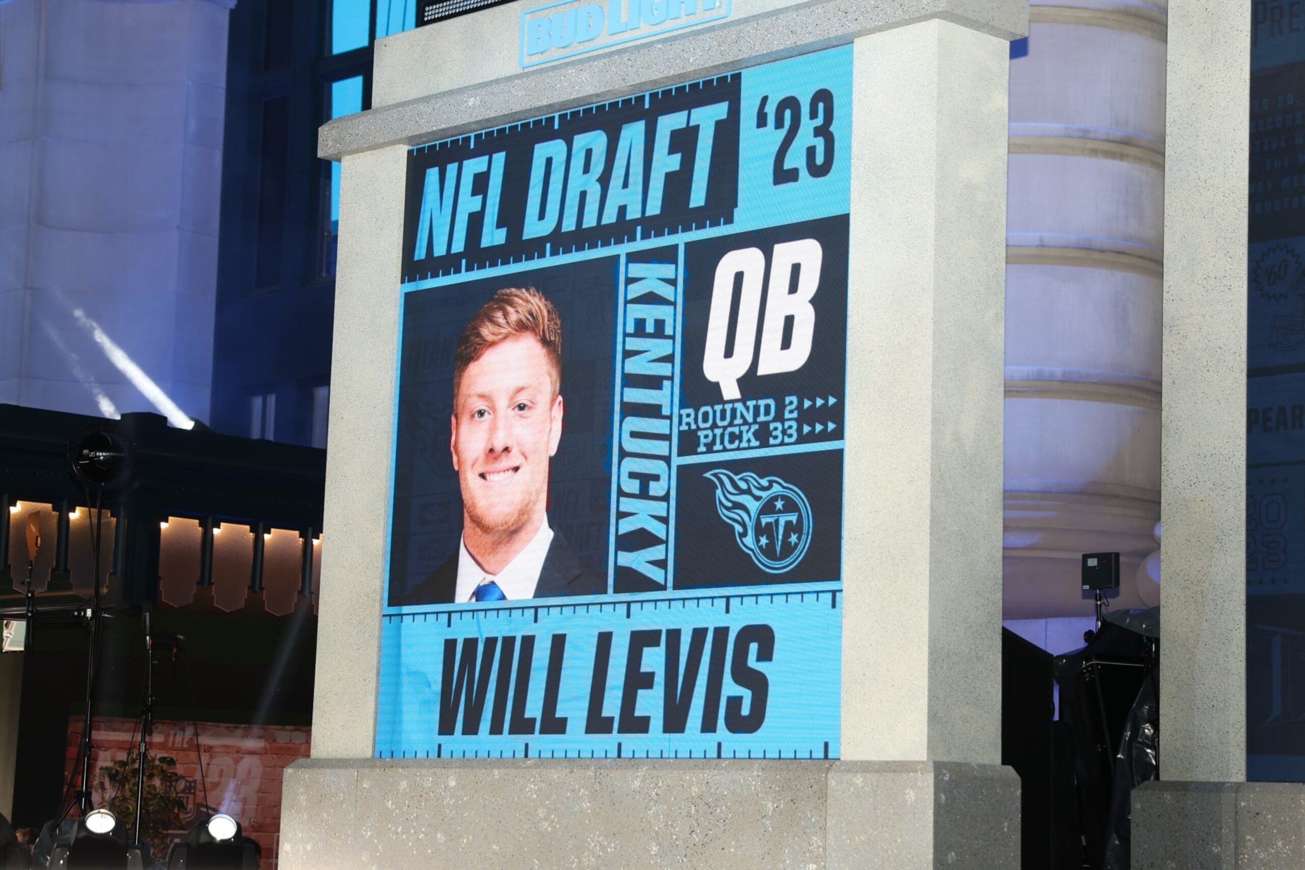 KANSAS CITY, MO - APRIL 28: Kentucky quarterback Will Levis is selected in the second round by the Tennessee Titans during the NFL Draft on April 28, 2023 at Union Station in Kansas City, MO. (Photo by Scott Winters/Icon Sportswire via Getty Images)