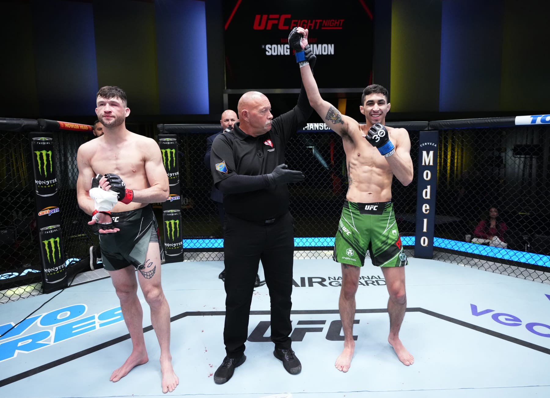 LAS VEGAS, NEVADA - APRIL 29: Fernando Padilla of Mexico reacts after his TKO victory over Julian Erosa in a featherweight fight during the UFC Fight Night event at UFC APEX on April 29, 2023 in Las Vegas, Nevada. (Photo by Jeff Bottari/Zuffa LLC via Getty Images)