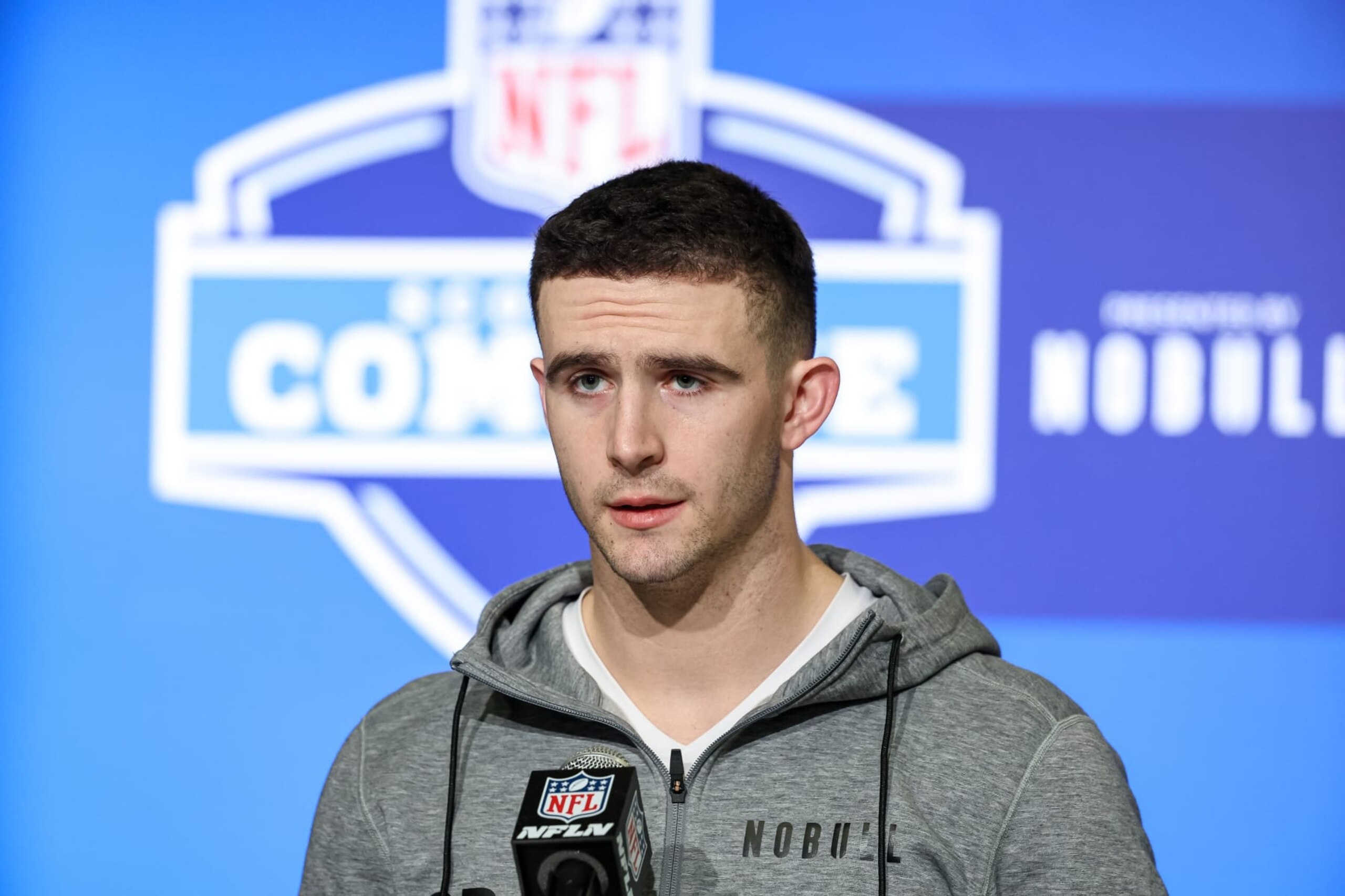 INDIANAPOLIS, IN - MARCH 03: Quarterback Stetson Bennett of Georgia speaks to the media during the NFL Combine at Lucas Oil Stadium on March 3, 2023 in Indianapolis, Indiana. (Photo by Michael Hickey/Getty Images)