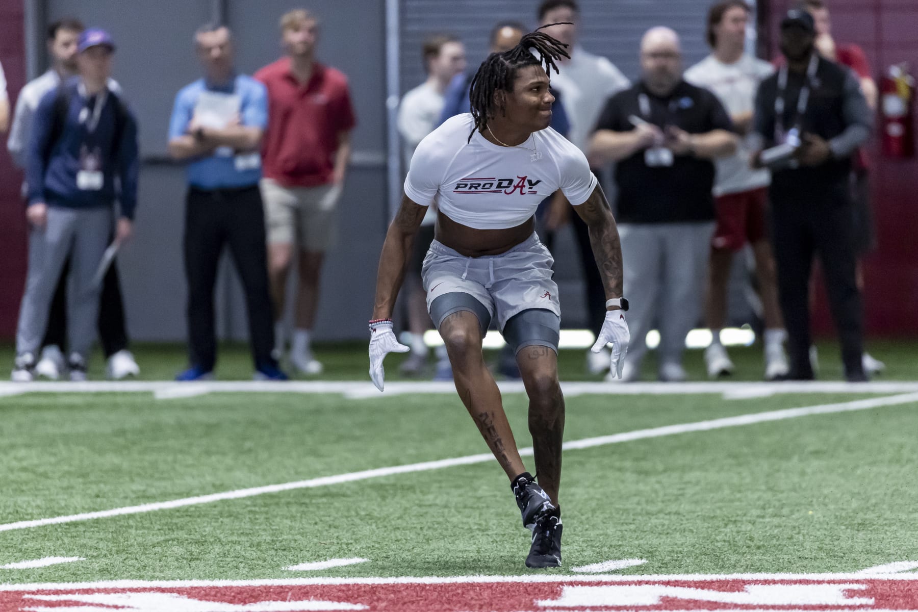 Former Alabama defensive back Eli Ricks works in position drills at Alabama's NFL pro day, Thursday, March 23, 2023, in Tuscaloosa, Ala. (AP Photo/Vasha Hunt)