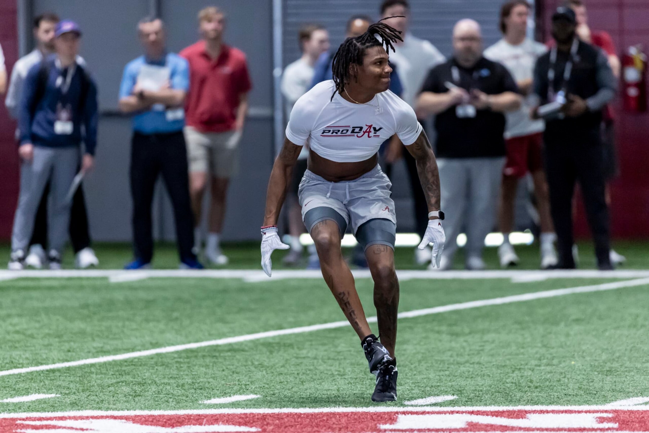 Former Alabama defensive back Eli Ricks works in position drills at Alabama's NFL pro day, Thursday, March 23, 2023, in Tuscaloosa, Ala. (AP Photo/Vasha Hunt)