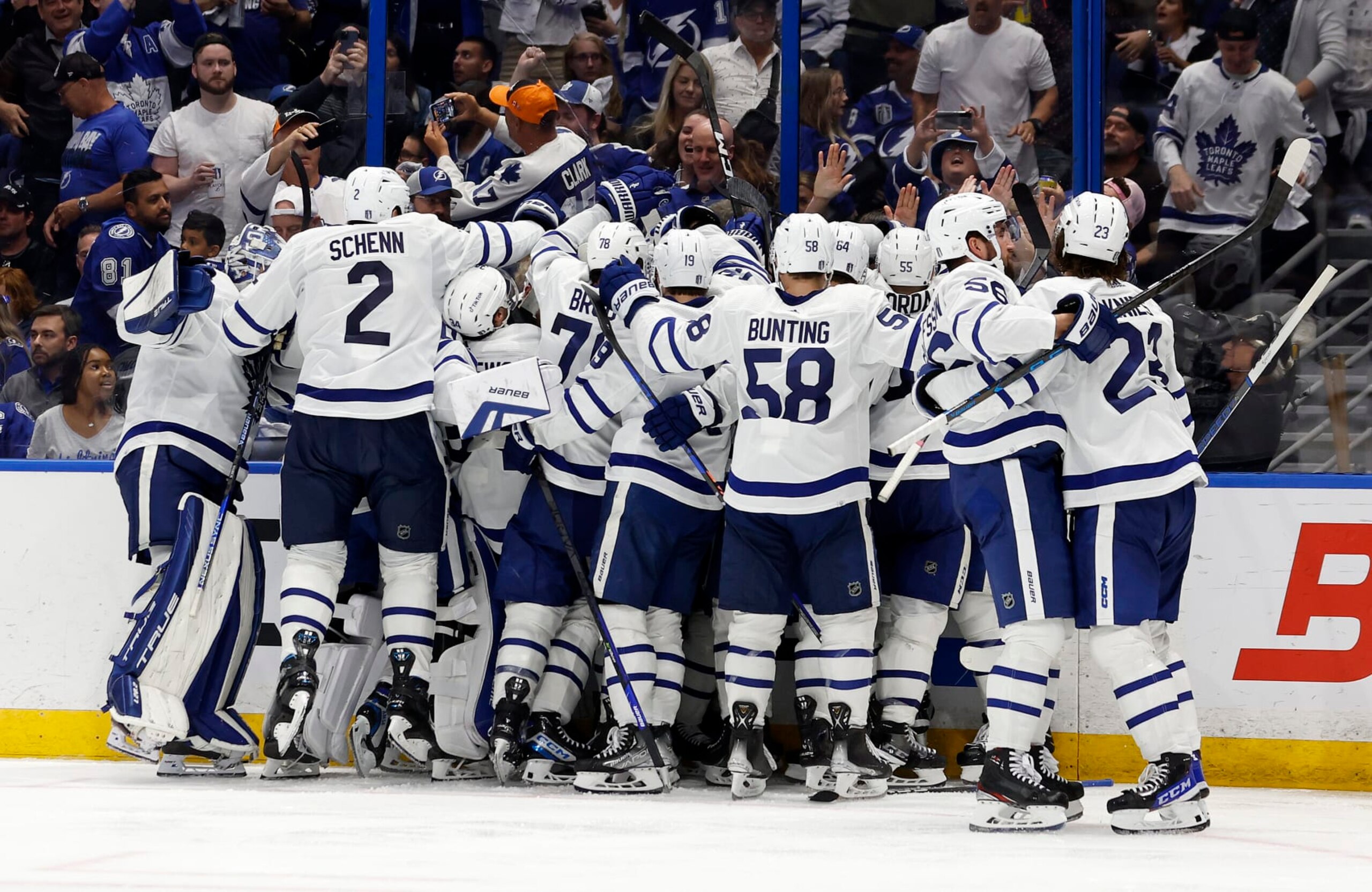 TAMPA, FLORIDA - APRIL 29: The Toronto Maple Leafs celebrate winning Game Six of the First Round of the 2023 Stanley Cup Playoffs on an overtime goal by John Tavares #91 against the Tampa Bay Lightning at Amalie Arena on April 29, 2023 in Tampa, Florida. (Photo by Mike Ehrmann/Getty Images)