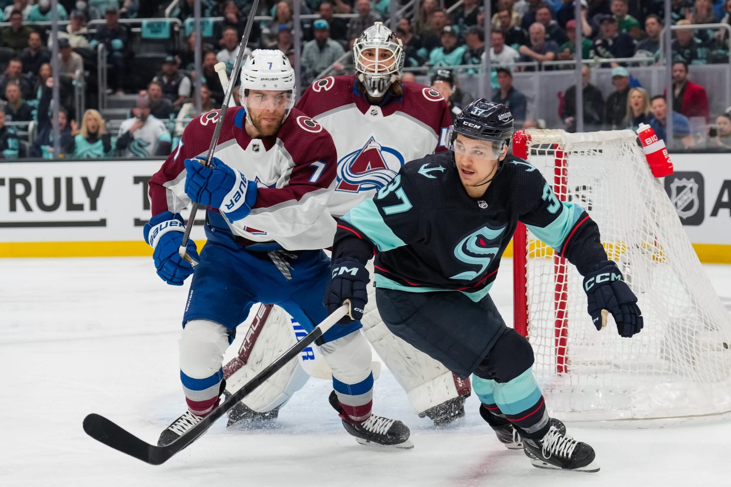 SEATTLE, WASHINGTON - APRIL 28: Yanni Gourde #37 of the Seattle Kraken looks for a loose puck during the first period against the Colorado Avalanche in Game Six of the First Round of the 2023 Stanley Cup Playoffs at Climate Pledge Arena on April 28, 2023 in Seattle, Washington. (Photo by Christopher Mast/NHLI via Getty Images)