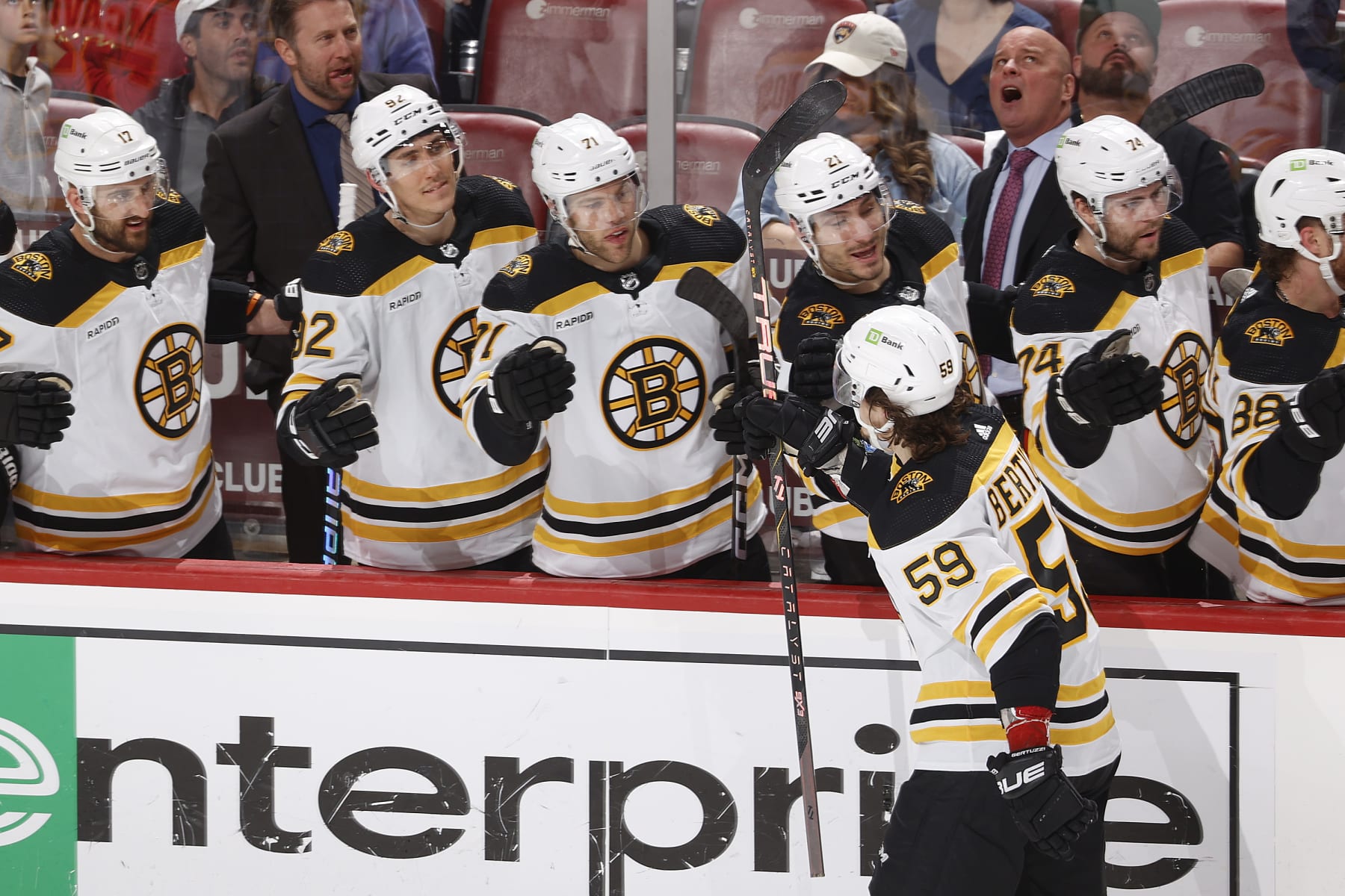 SUNRISE, FL - APRIL 28: Teammates congratulate Tyler Bertuzzi #59 of the Boston Bruins after he scored a third period goal against the Florida Panthers in Game Six of the First Round of the 2023 Stanley Cup Playoffs at the FLA Live Arena on April 28, 2023 in Sunrise, Florida. (Photo by Joel Auerbach/Getty Images)