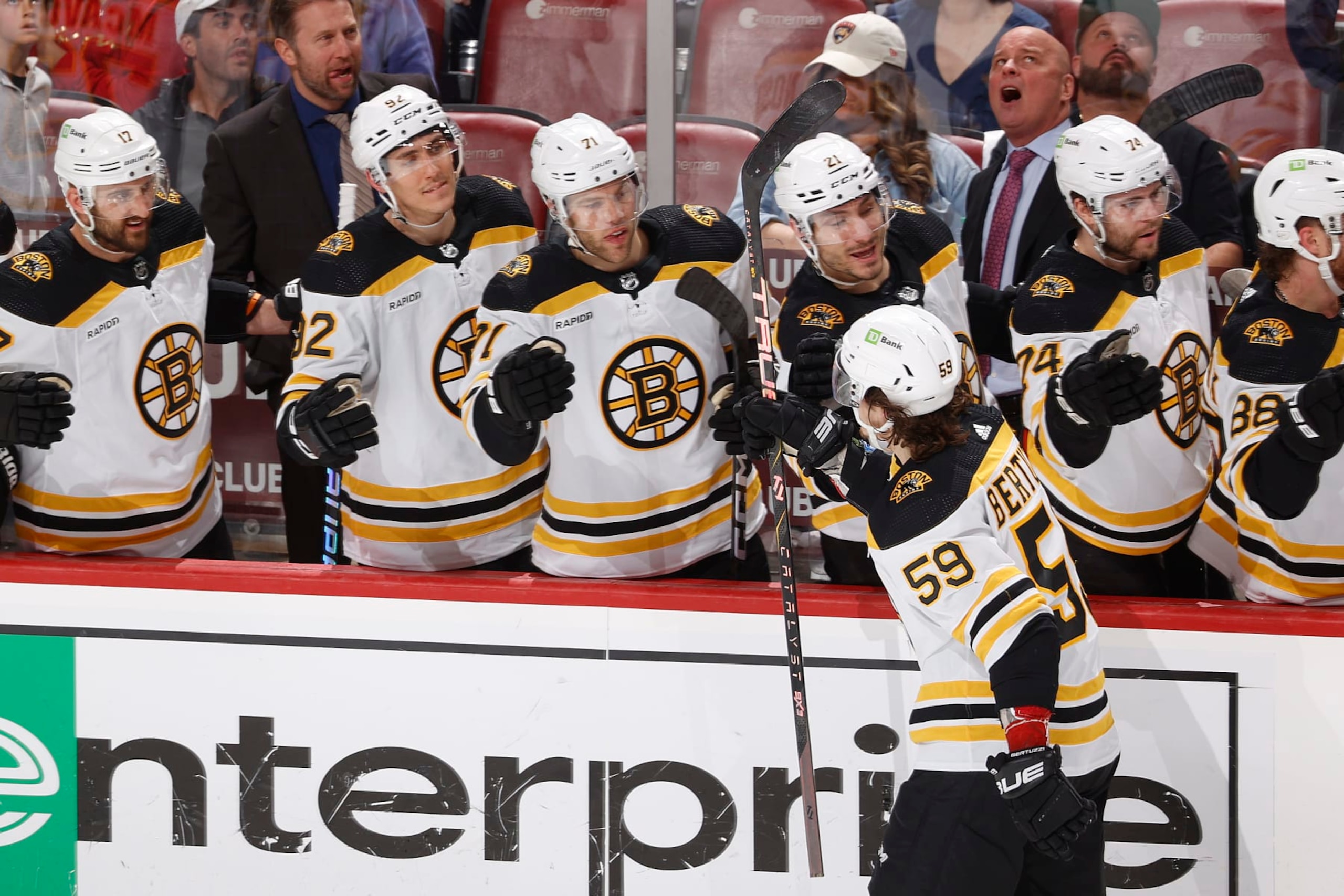 SUNRISE, FL - APRIL 28: Teammates congratulate Tyler Bertuzzi #59 of the Boston Bruins after he scored a third period goal against the Florida Panthers in Game Six of the First Round of the 2023 Stanley Cup Playoffs at the FLA Live Arena on April 28, 2023 in Sunrise, Florida. (Photo by Joel Auerbach/Getty Images)