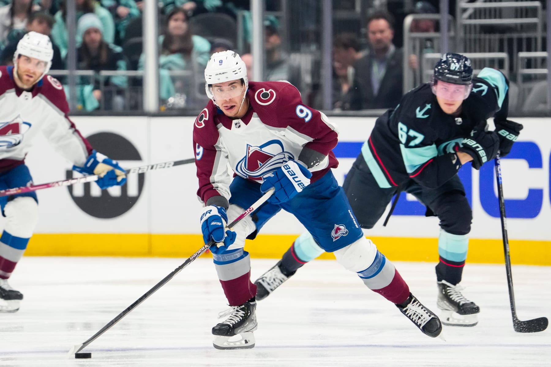 SEATTLE, WASHINGTON - APRIL 28: Evan Rodrigues #9 of the Colorado Avalanche skates with the puck during the second period against the Seattle Kraken in Game Six of the First Round of the 2023 Stanley Cup Playoffs at Climate Pledge Arena on April 28, 2023 in Seattle, Washington. (Photo by Christopher Mast/NHLI via Getty Images)