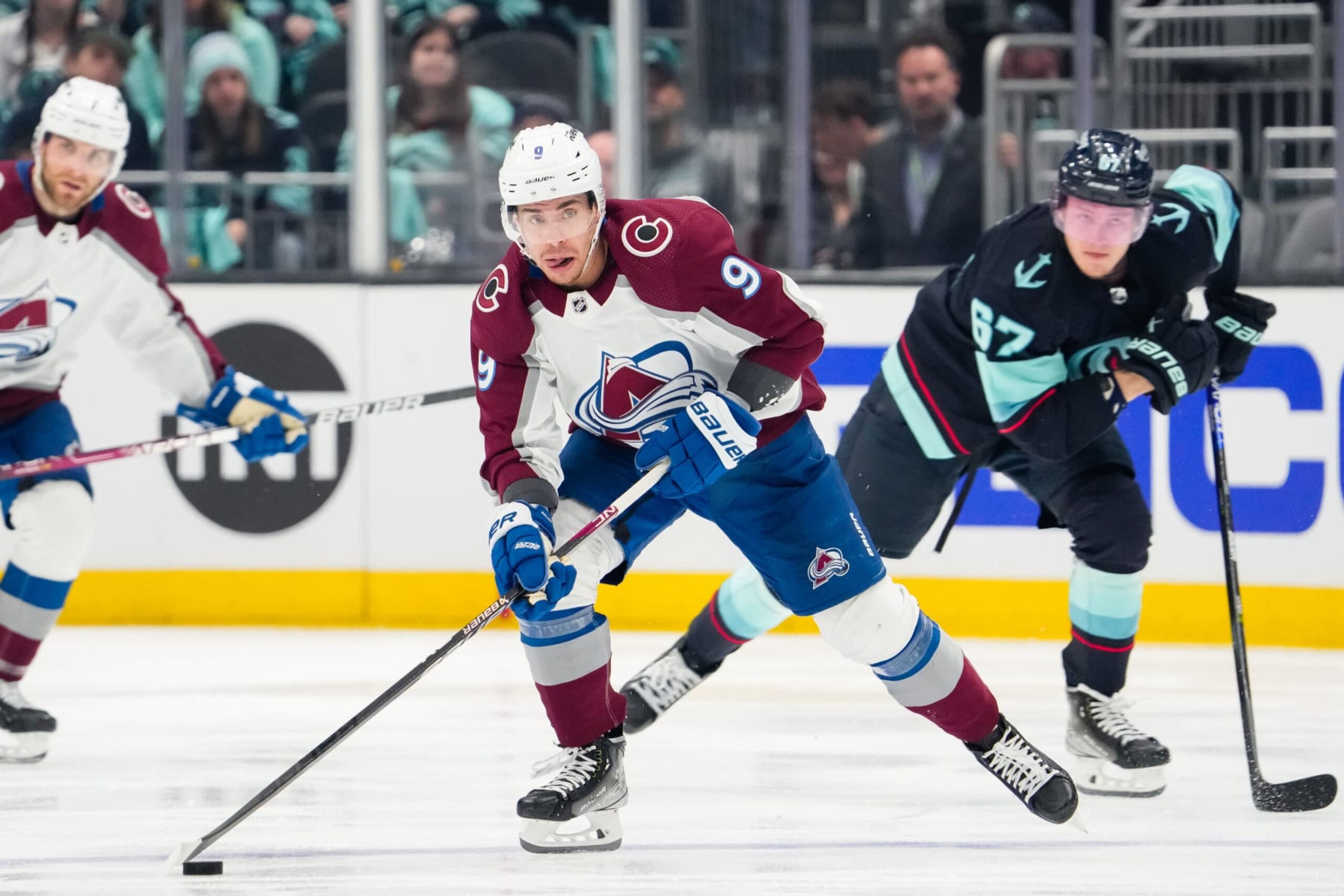 SEATTLE, WASHINGTON - APRIL 28: Evan Rodrigues #9 of the Colorado Avalanche skates with the puck during the second period against the Seattle Kraken in Game Six of the First Round of the 2023 Stanley Cup Playoffs at Climate Pledge Arena on April 28, 2023 in Seattle, Washington. (Photo by Christopher Mast/NHLI via Getty Images)