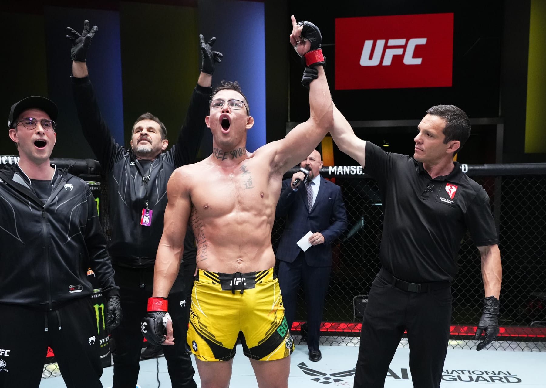 LAS VEGAS, NEVADA - APRIL 29: Caio Borralho of Brazil reacts after his submission victory over Michal Oleksiejczuk of Poland in a middleweight fight during the UFC Fight Night event at UFC APEX on April 29, 2023 in Las Vegas, Nevada. (Photo by Jeff Bottari/Zuffa LLC via Getty Images)