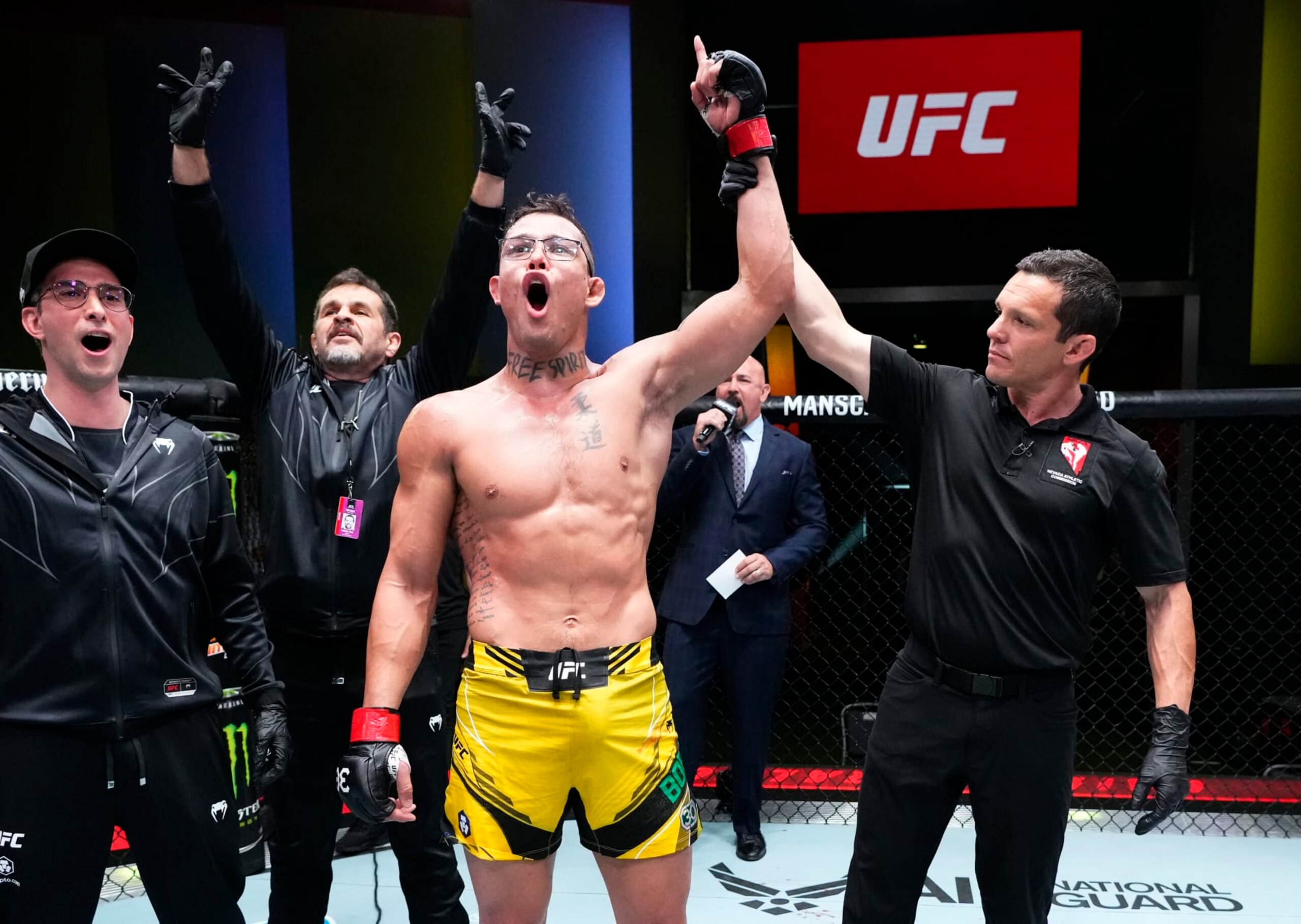 LAS VEGAS, NEVADA - APRIL 29: Caio Borralho of Brazil reacts after his submission victory over Michal Oleksiejczuk of Poland in a middleweight fight during the UFC Fight Night event at UFC APEX on April 29, 2023 in Las Vegas, Nevada. (Photo by Jeff Bottari/Zuffa LLC via Getty Images)