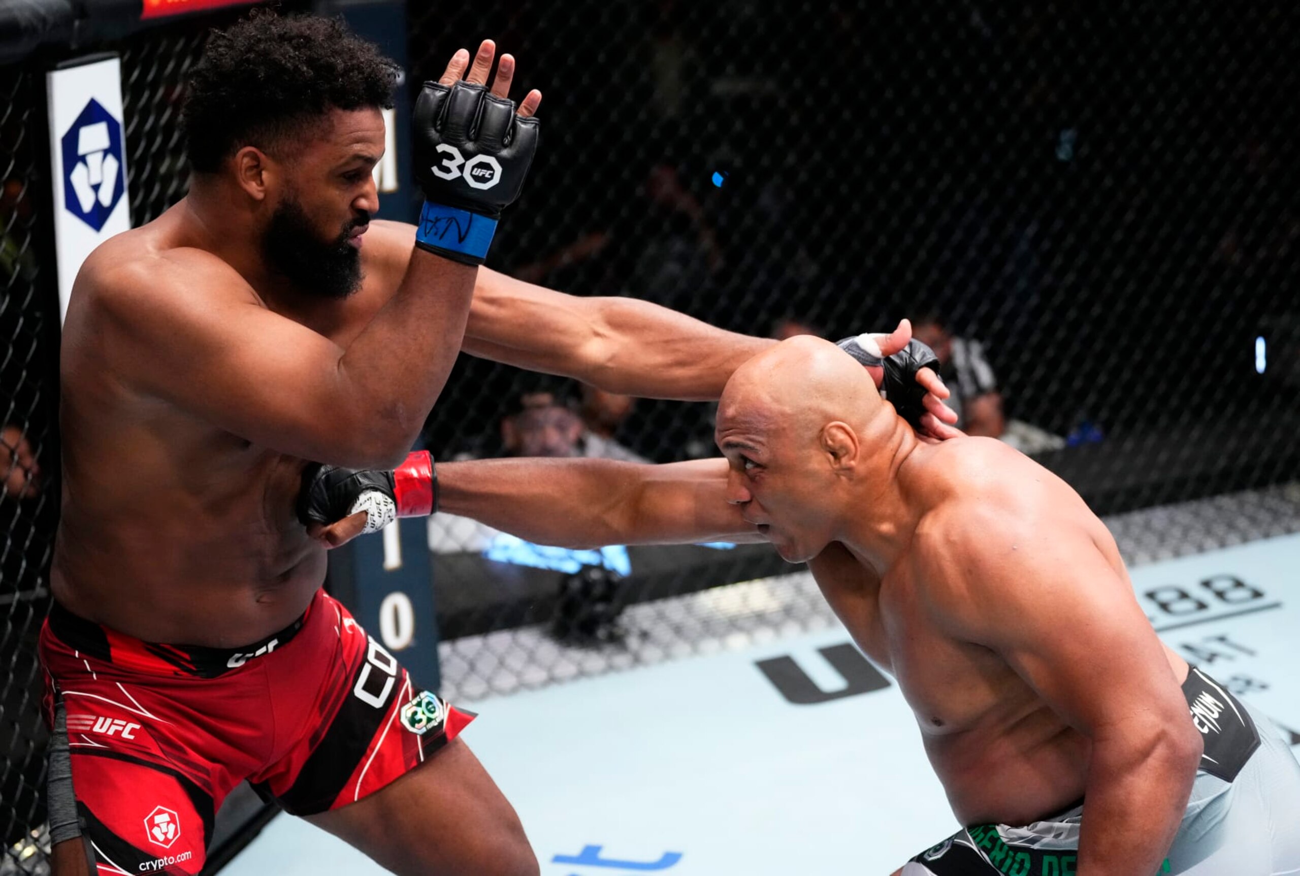 LAS VEGAS, NEVADA - APRIL 29: (R-L) Marcos Rogerio de Lima of Brazil punches Waldo Cortes-Acosta of the Dominican Republic in a heavyweight fight during the UFC Fight Night event at UFC APEX on April 29, 2023 in Las Vegas, Nevada. (Photo by Jeff Bottari/Zuffa LLC via Getty Images)